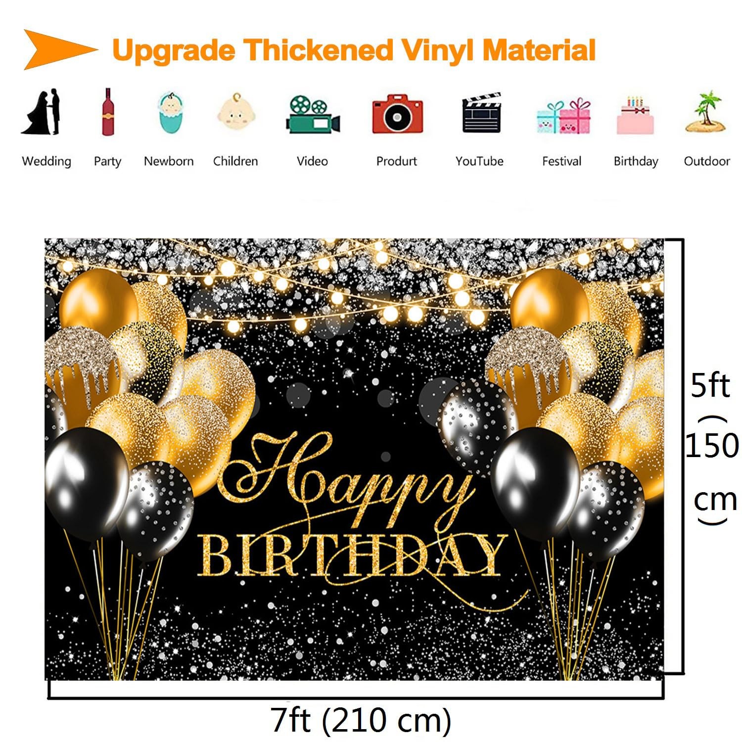 Black Gold Happy Birthday Backdrop Banner Men Birthday Party Decorations Glit…
