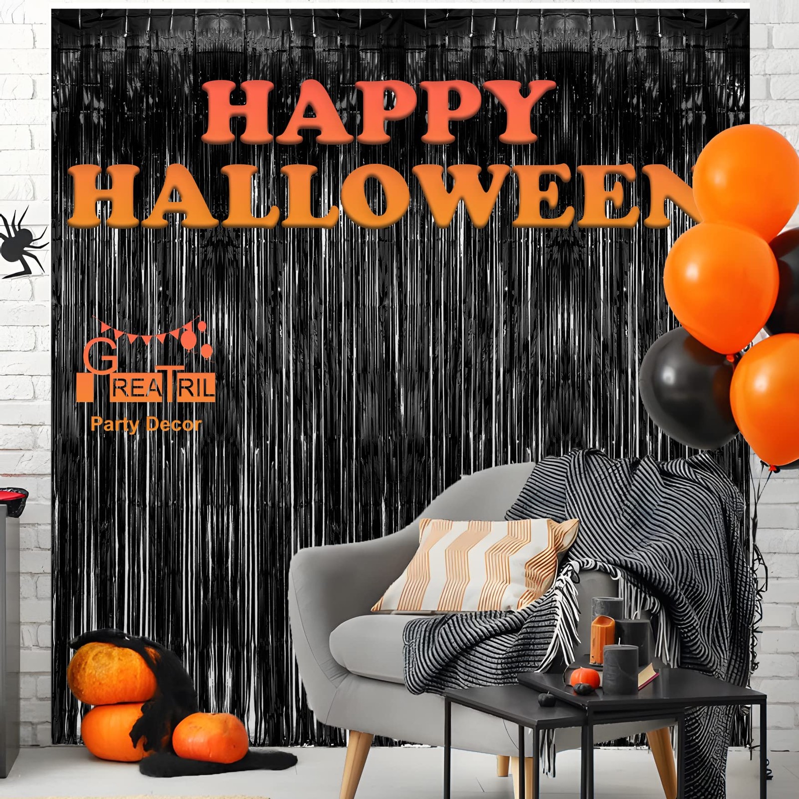2 PCS Black Tinsel Backdrop Curtain Party Streamer Halloween Decoration