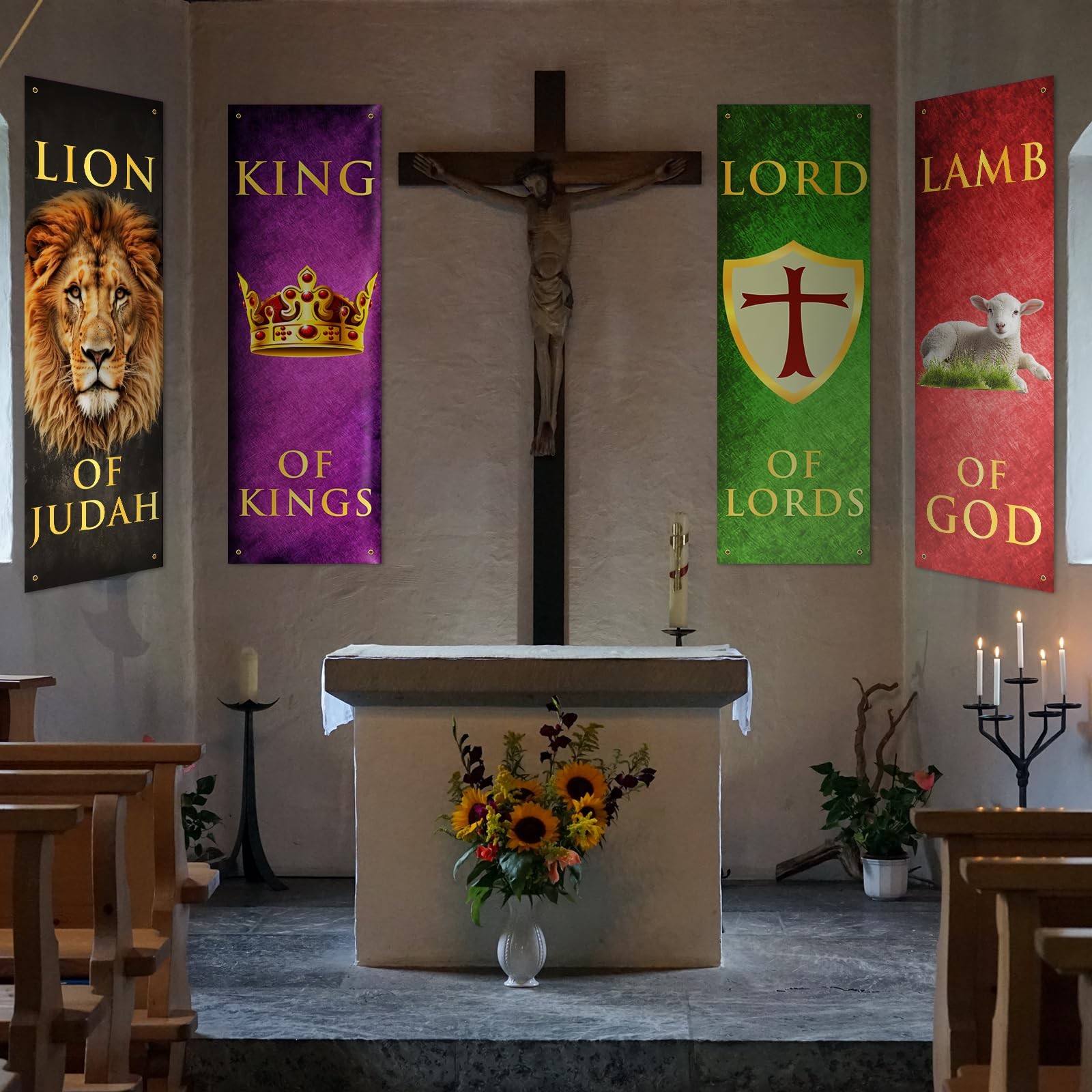 4PCS Church Banners for Sanctuary Wall Worship Scripture Christmas Banner Lio…