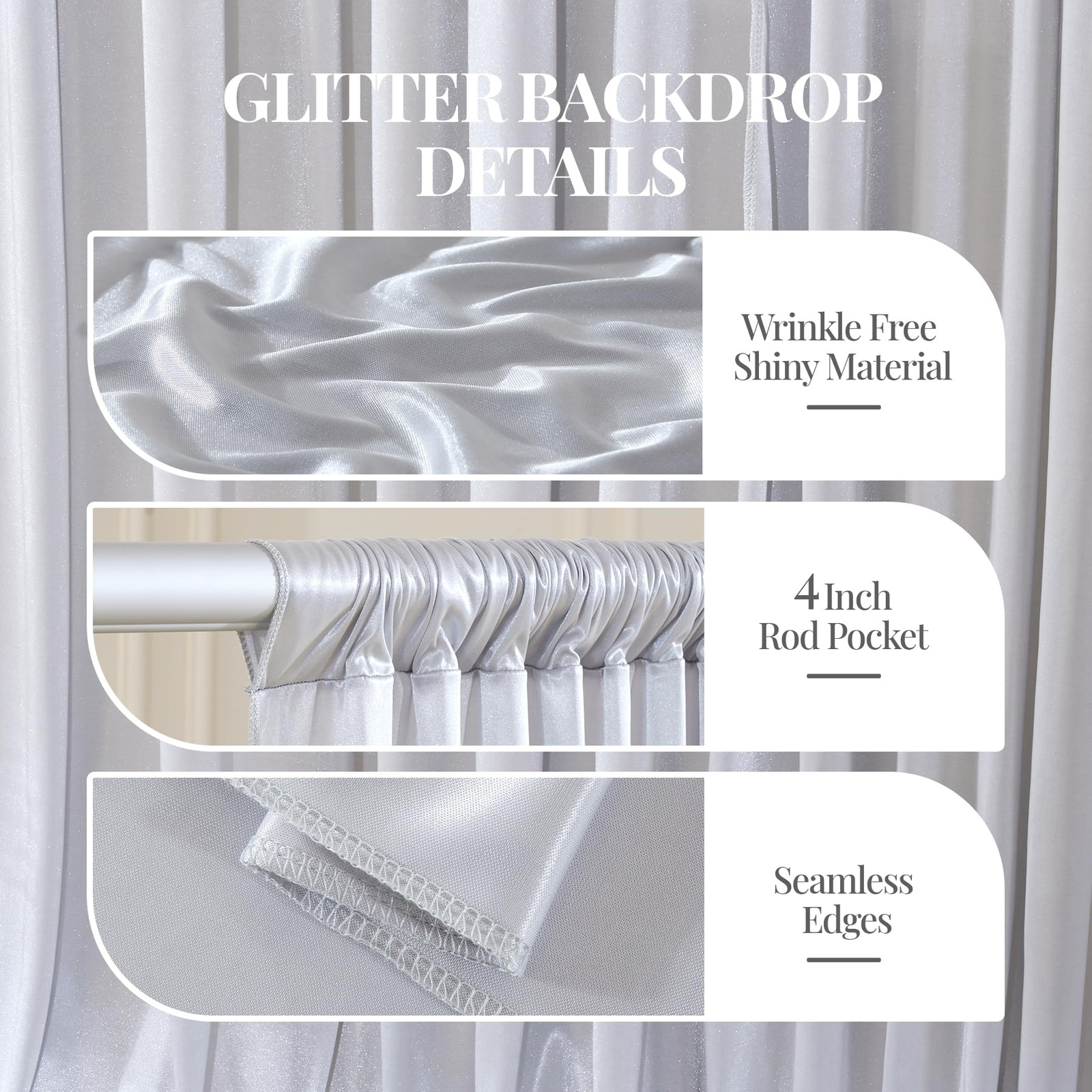 40x10ft Silver Glitter Backdrop Curtain for W5 x H10′(8 Panels),