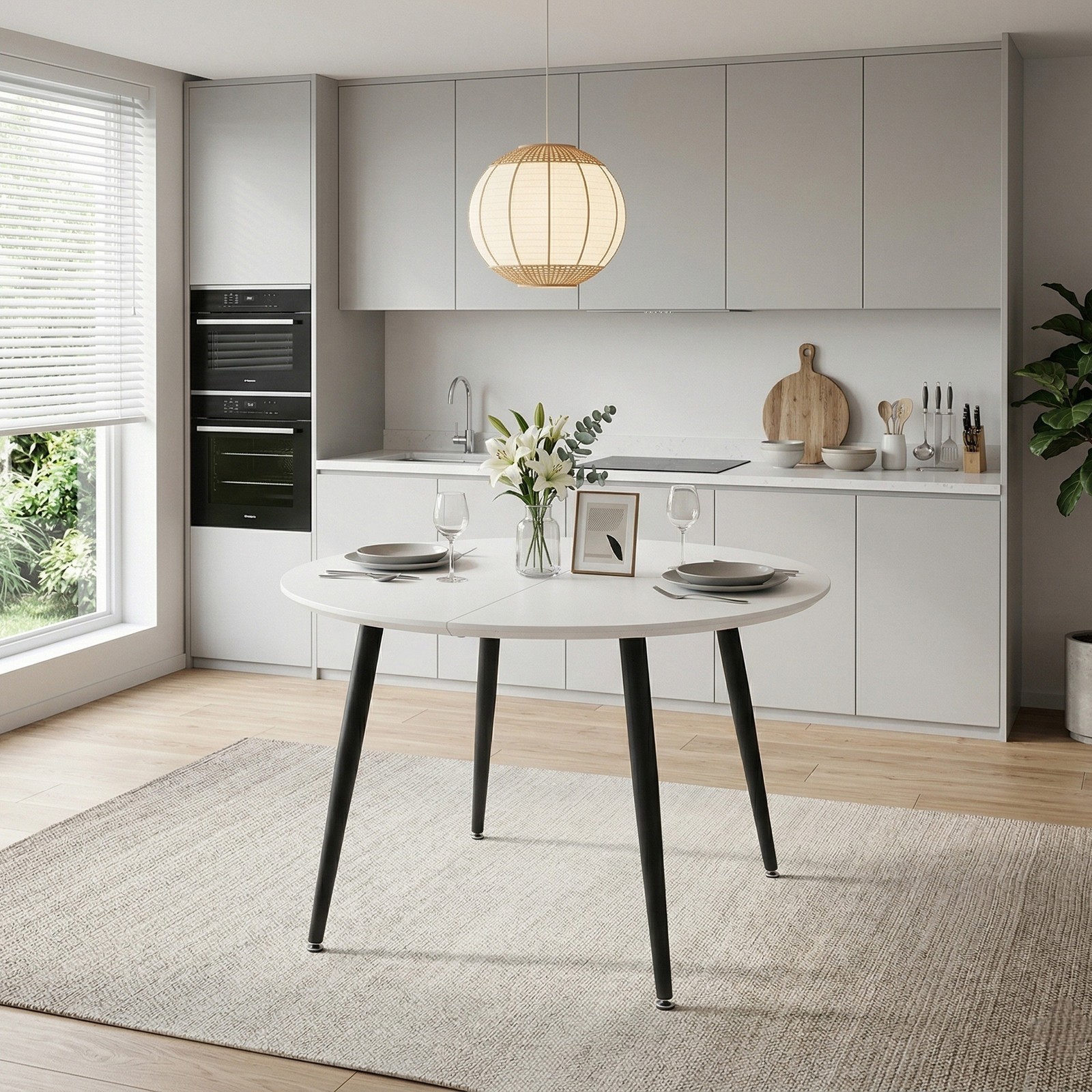 White MDF Extendable Round Dining Table with Black Metal Legs
