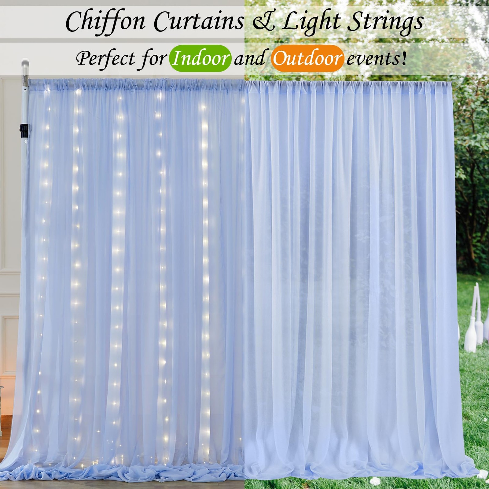10 x 10 Ft Baby Blue Chiffon Backdrop Curtain Lights String Wedding Photo
