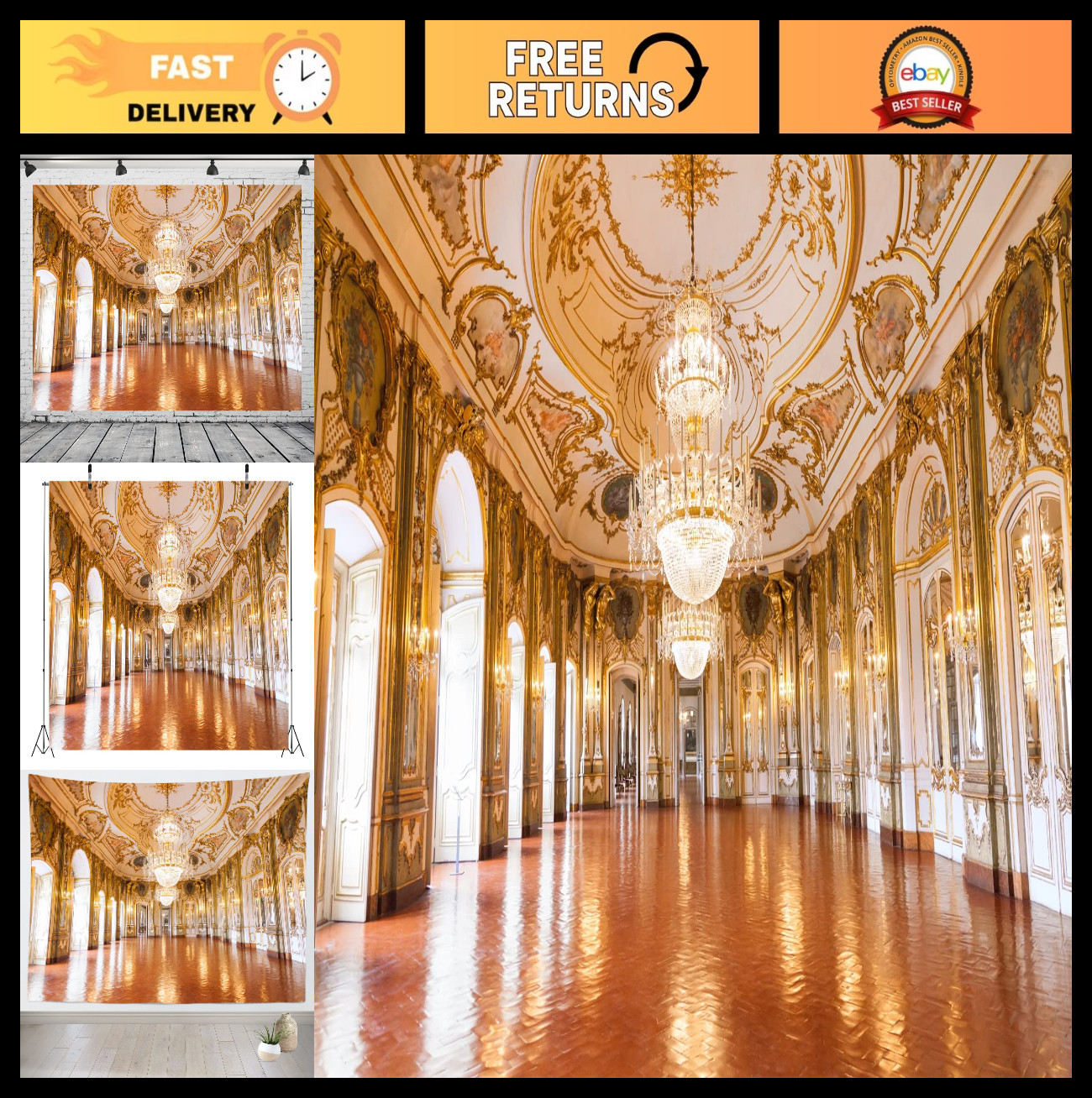Luxurious 10x8ft Palace Backdrop for Photography – Golden Chandelier Hall Decor,