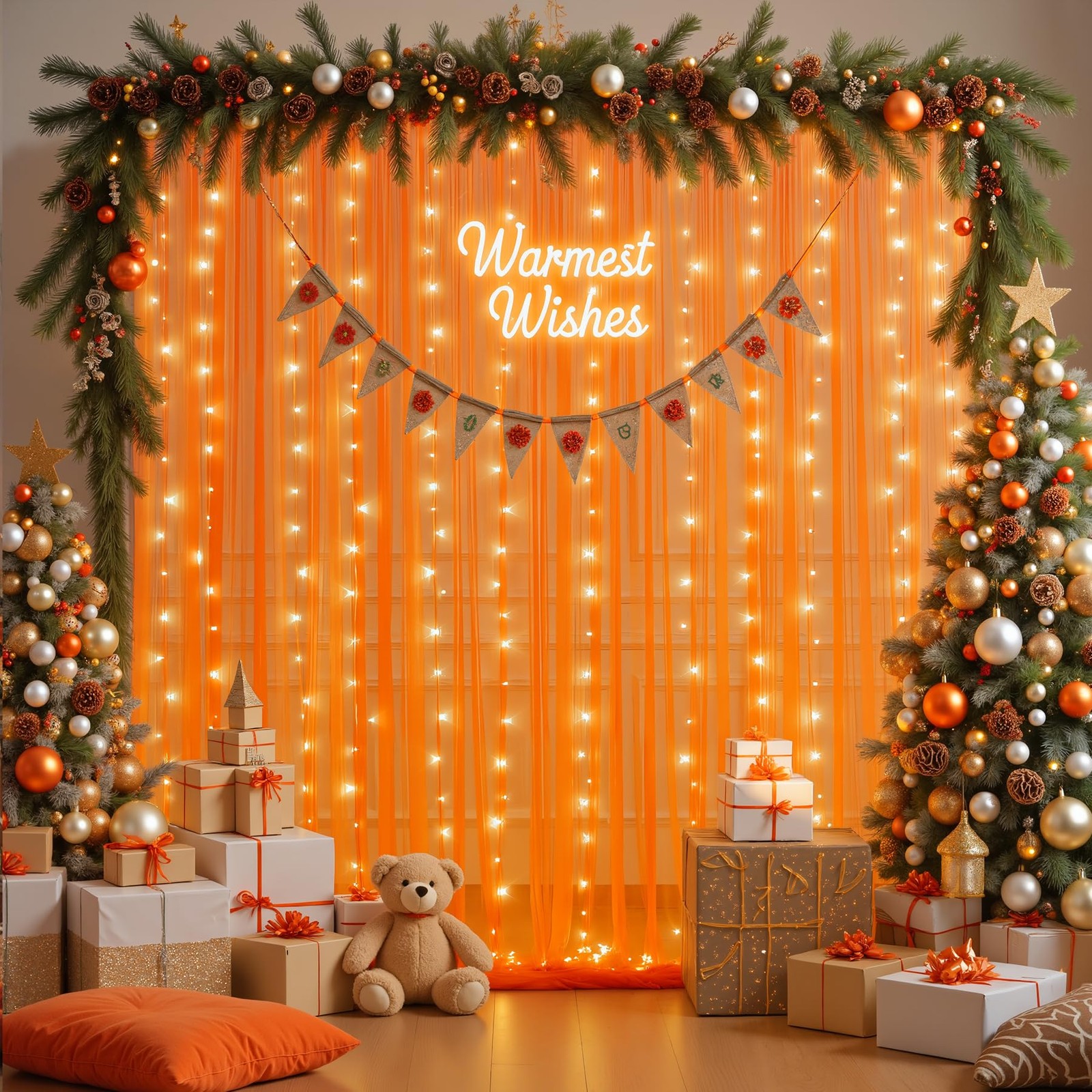 10x10ft Orange Tulle Photo Backdrop Curtain With Lights Halloween Party