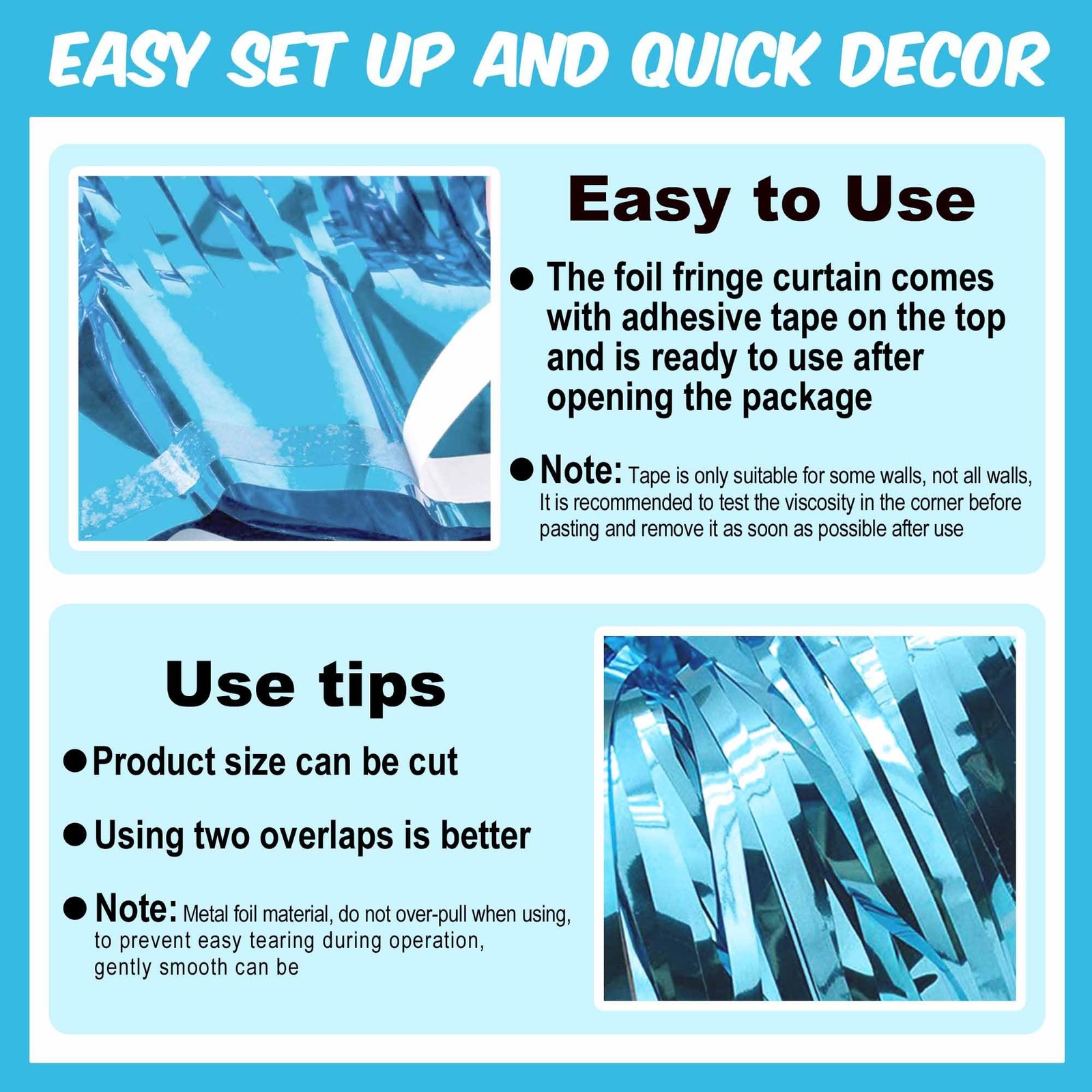 6 PCS Light Blue Foil Fringe Curtains 3.28×8.2 FT Metallic Streamer Tinsel