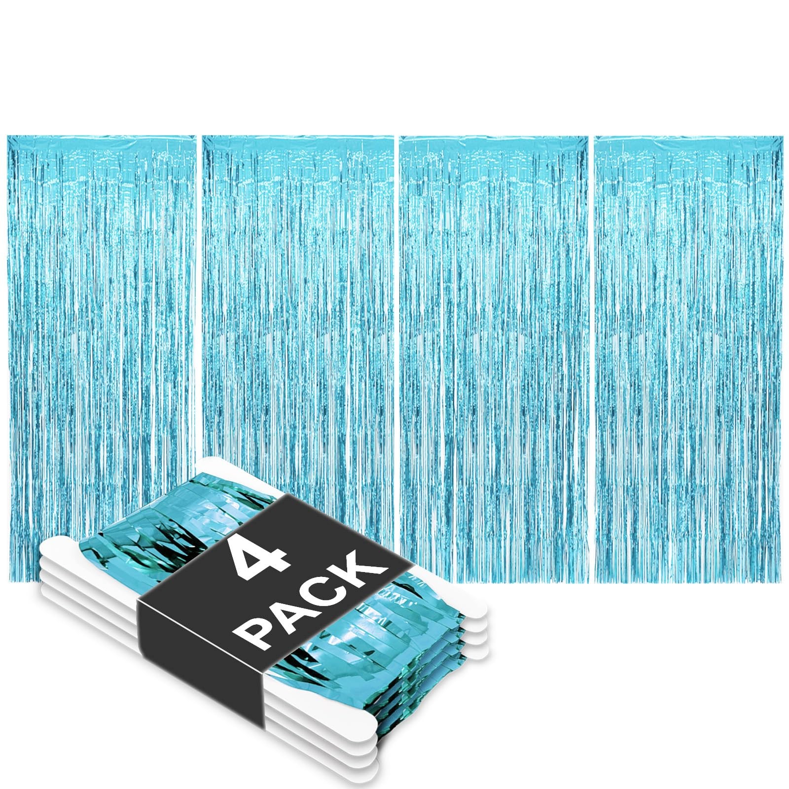 4 Pack Light Blue Metallic Tinsel Party Backdrop Curtain Fringe 3.3×8.2 FT