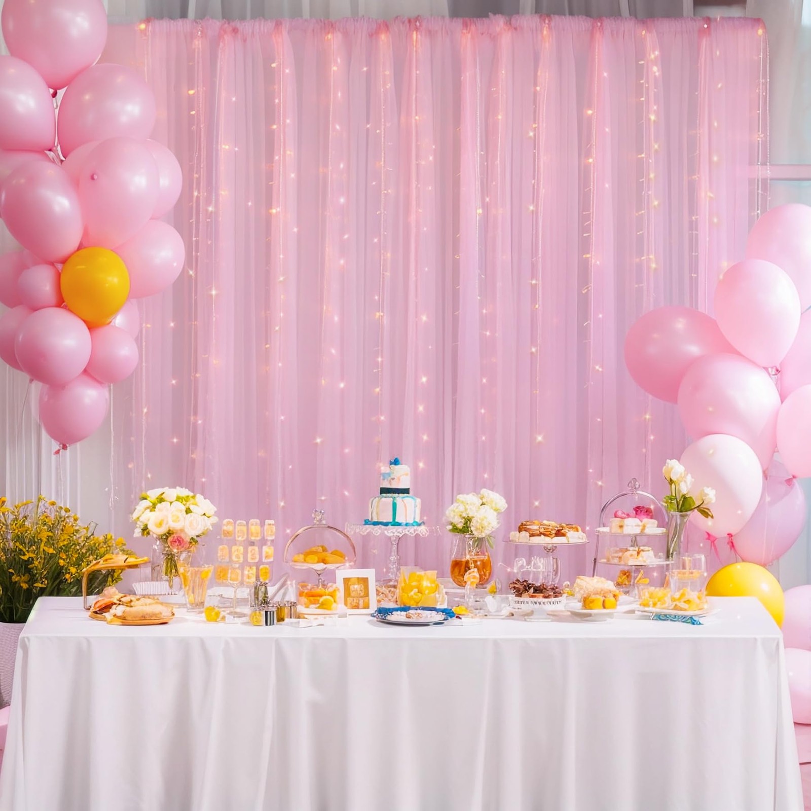 1010ft Pink Tulle Backdrop Curtain With Lights String Sheer Photo Drapes Party