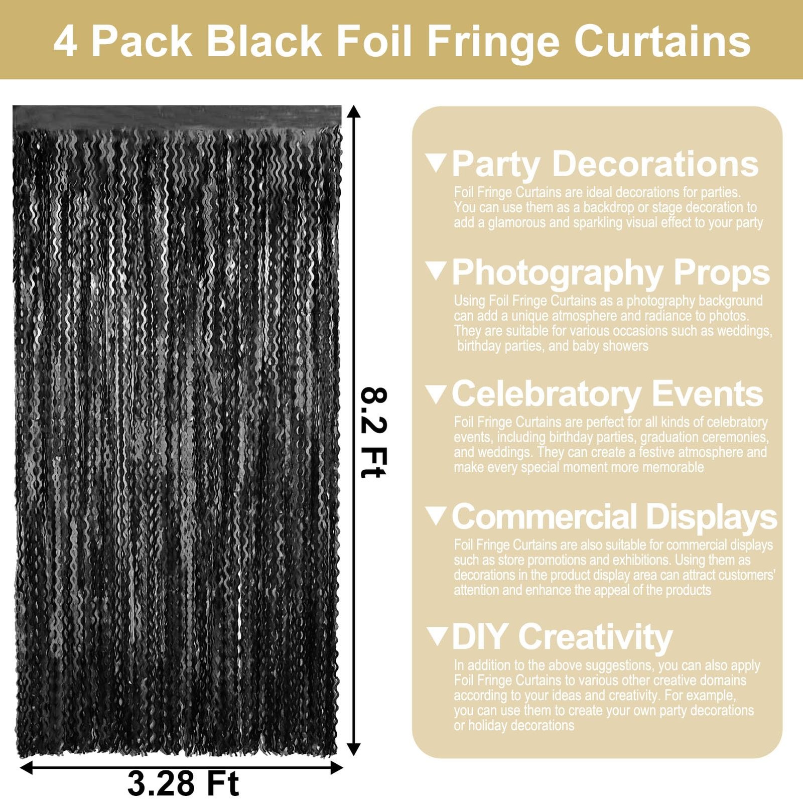 4 PCS Black Wave Foil Fringe Curtain Backdrop 3.28×8.2 Ft Metallic Tinsel