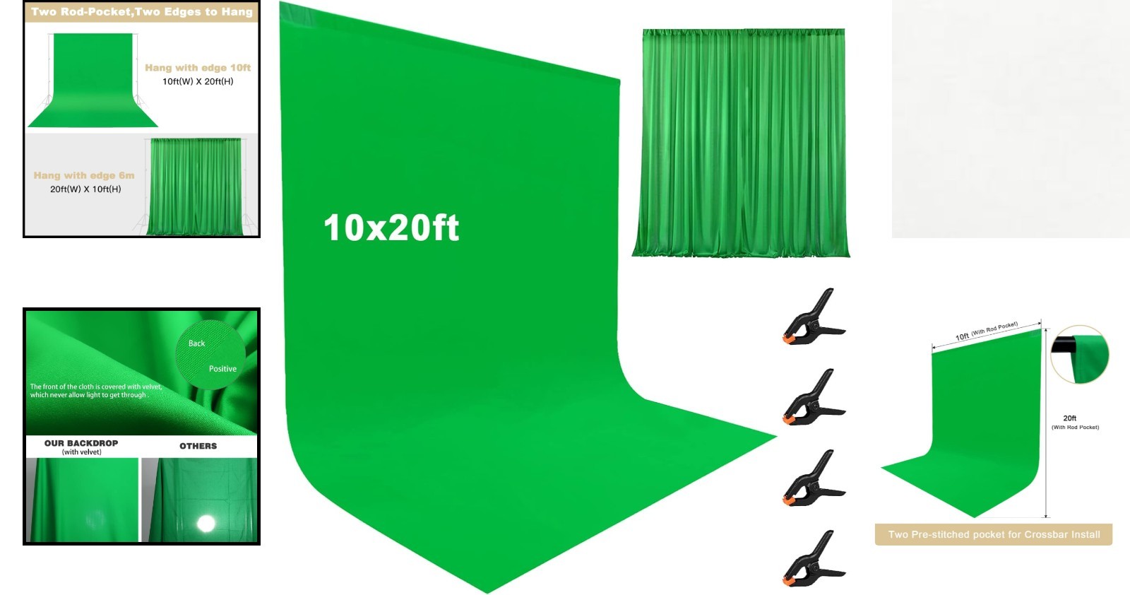 10X20Ft Large Green Screen Backdrop for Photography, Two Rod Pocket Chromakey C