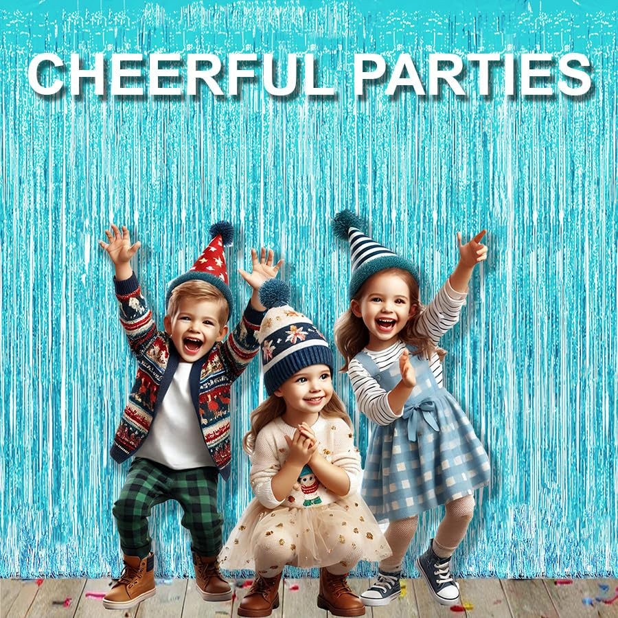 4 Pack Light Blue Metallic Tinsel Party Backdrop Curtain Fringe 3.3×8.2 FT
