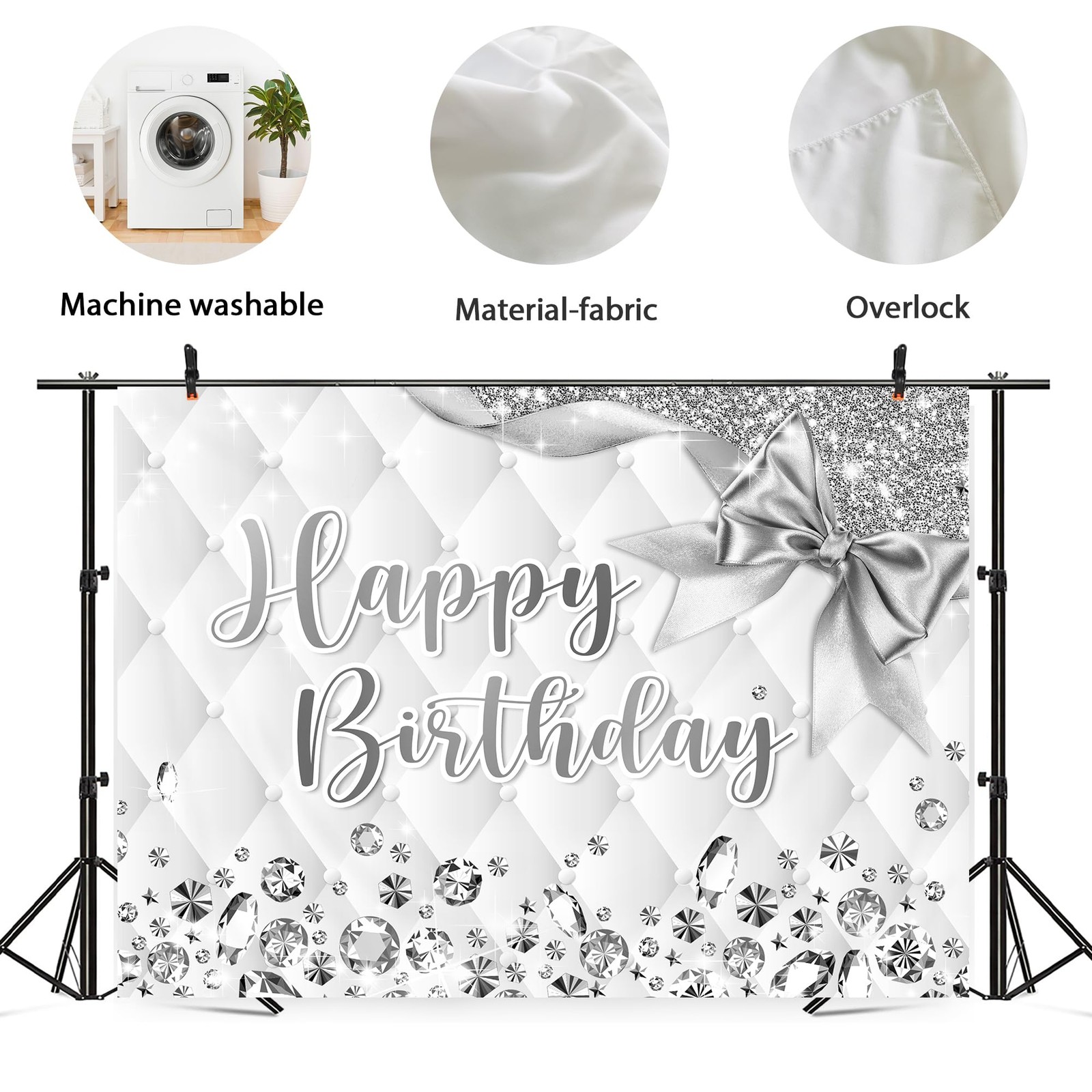 White and Silver Birthday Backdrop 7Wx5H Photography Happy Birthday Backdrop