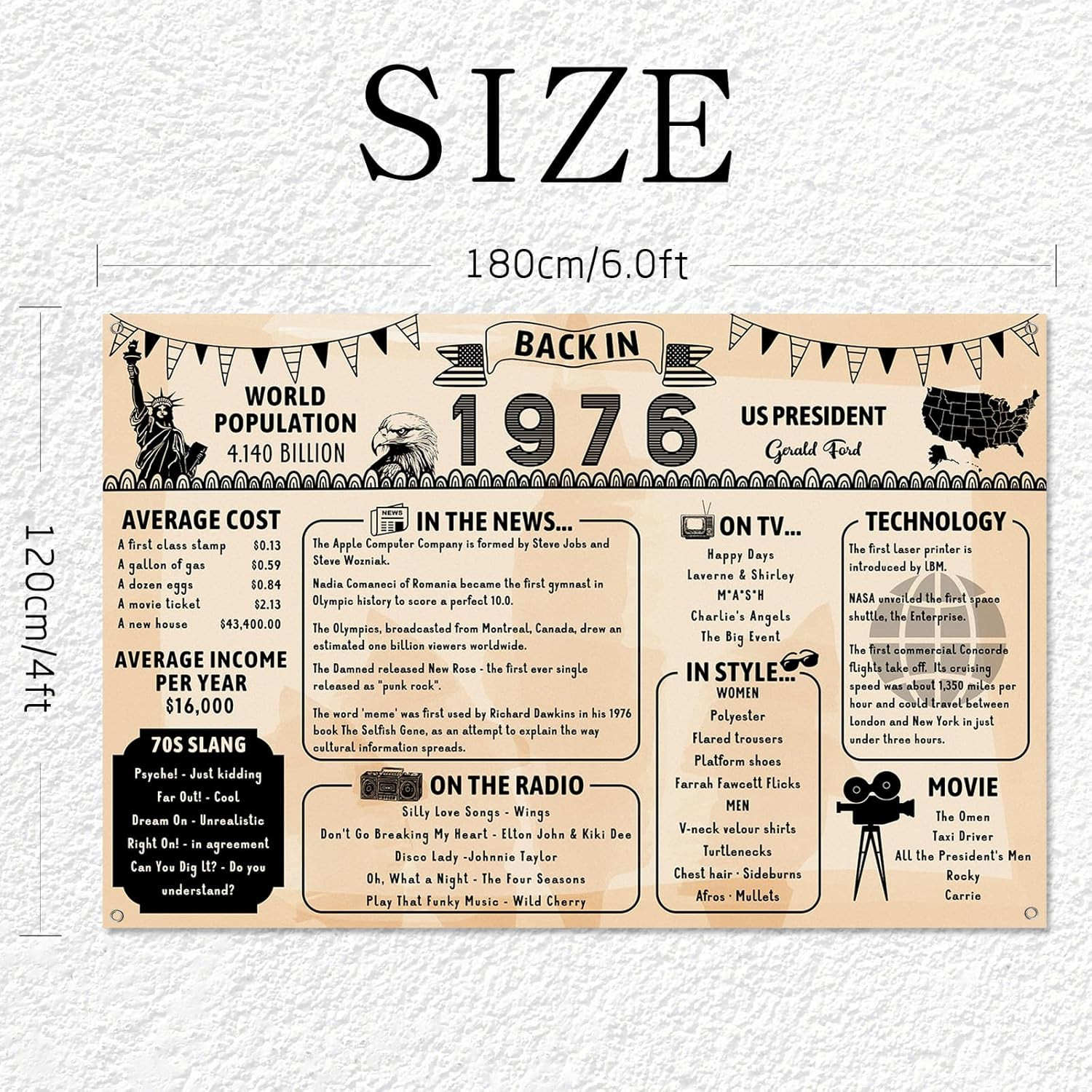 Back in 1976 Backdrop Large Wall Banner, Retro Style Happy 50Th Birthday Wedding