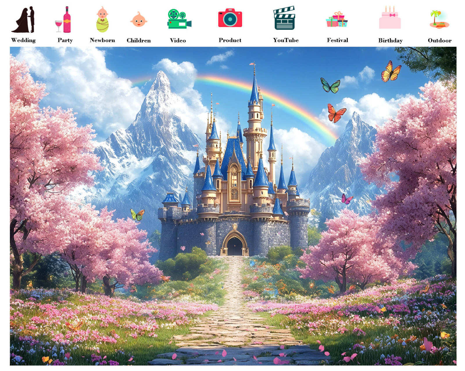 10x8ft Pink Cherry Blossom Rainbow Fairy Castle Vinyl Backdrop Photo Background