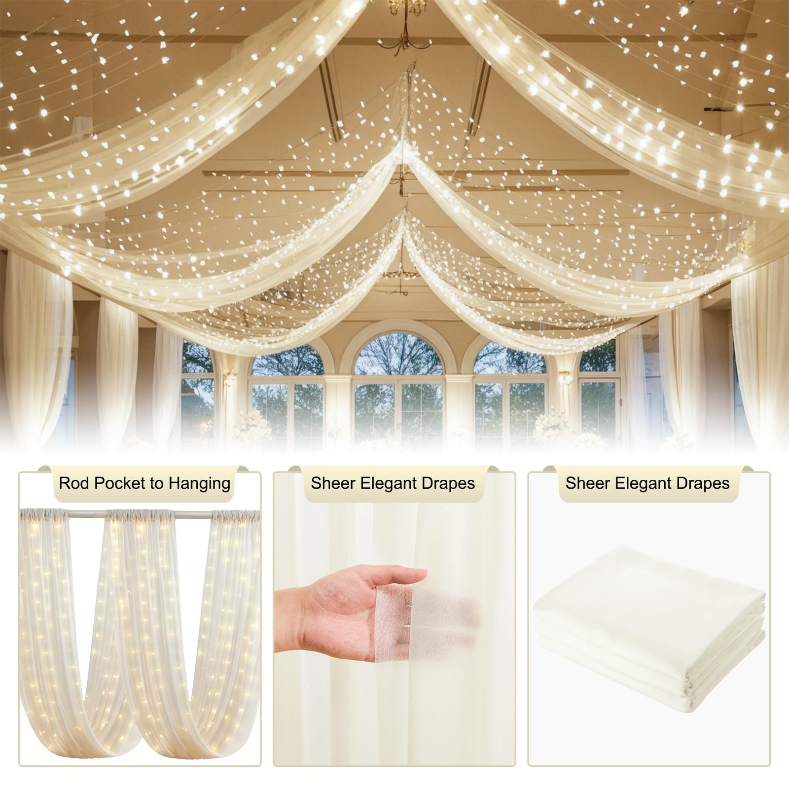 Ivory Ceiling 60″W x 360″L (Pack of 6), Drapes + Lights String