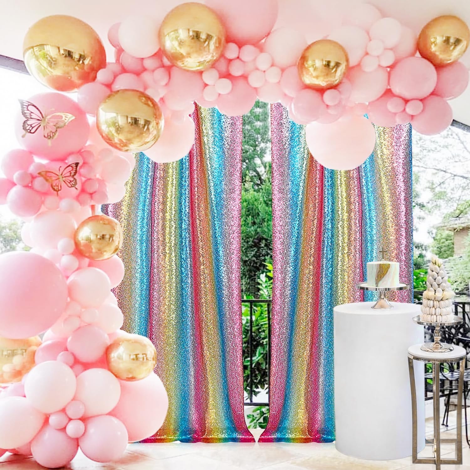 2 PCS 28FT Rainbow Sequin Backdrop Curtains Panels Photography Glitter Decor