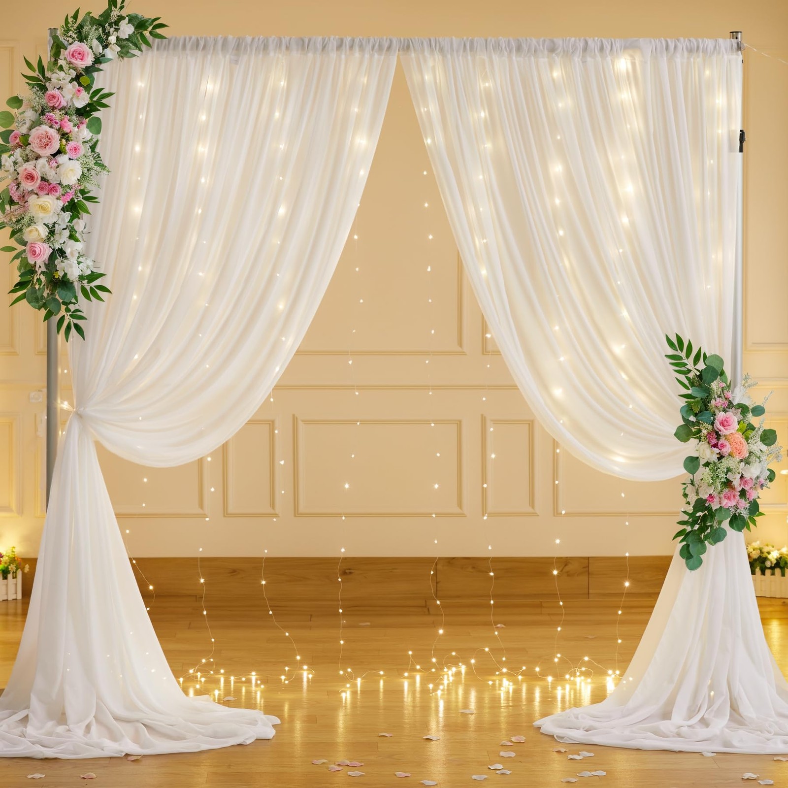 10x7FT Cream White Chiffon Wrinkle Free Backdrop Curtain String Lights Wedding