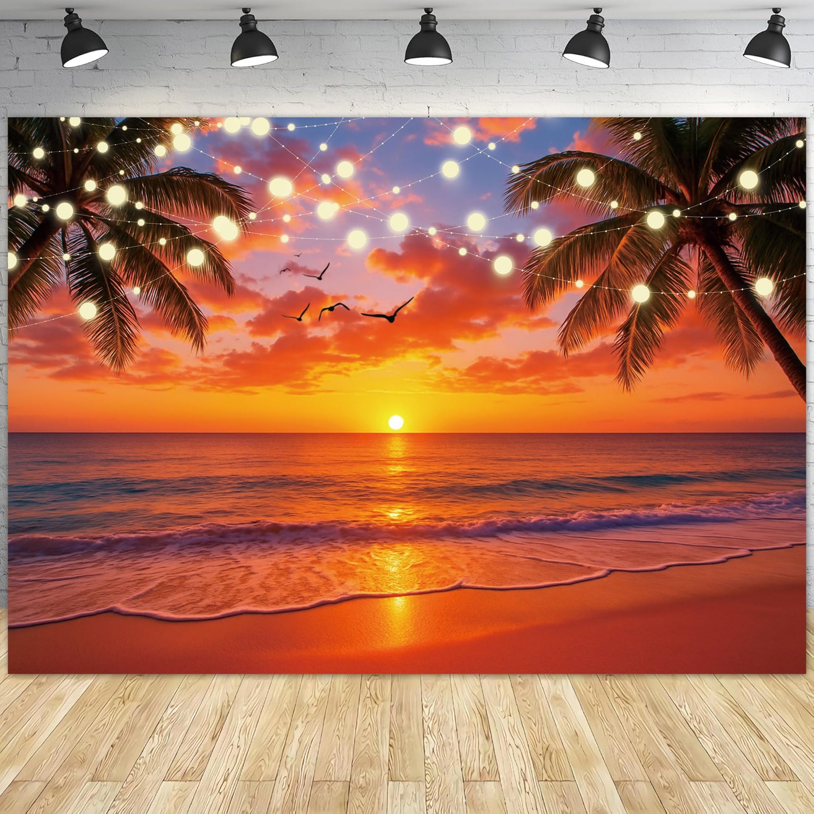 Summer Sunset Beach Backdrop Hawaiian Tropical Palm Leaves 7x5ft Polyester