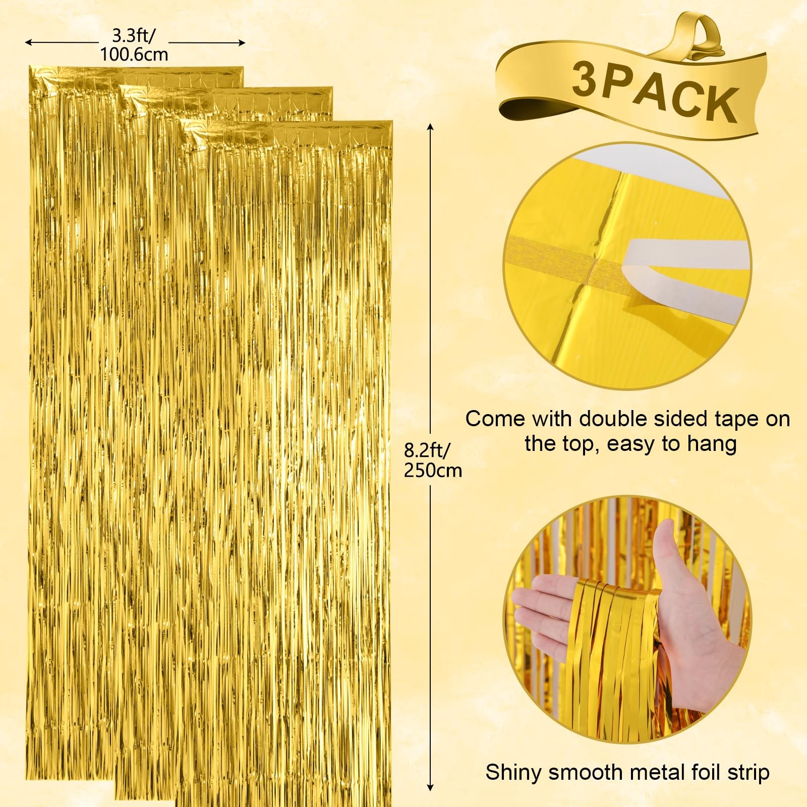 3 Pack 3.3×8.2 Ft Gold Foil Fringe Backdrop Curtains Tinsel Streamers 2025 Party