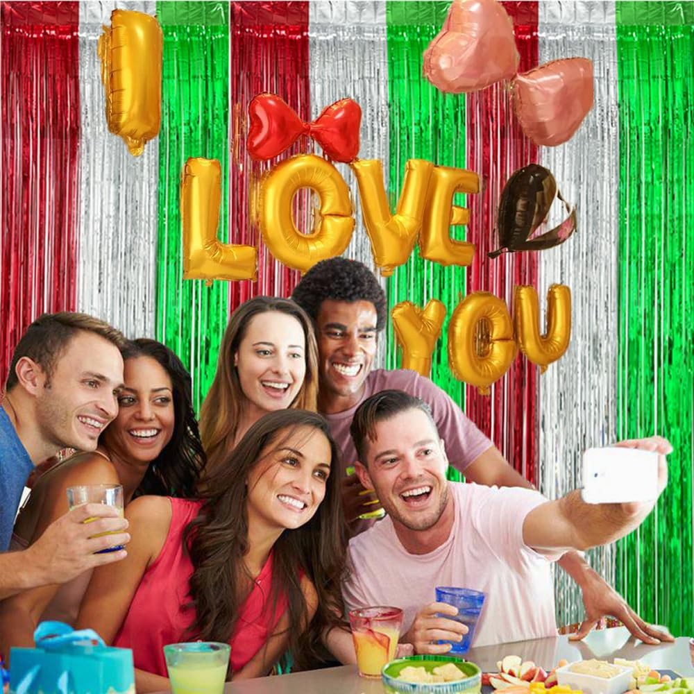 3 PCS 3.3×6.56ft Christmas Party Backdrop Red Green Silver Foil Fringe Curtain