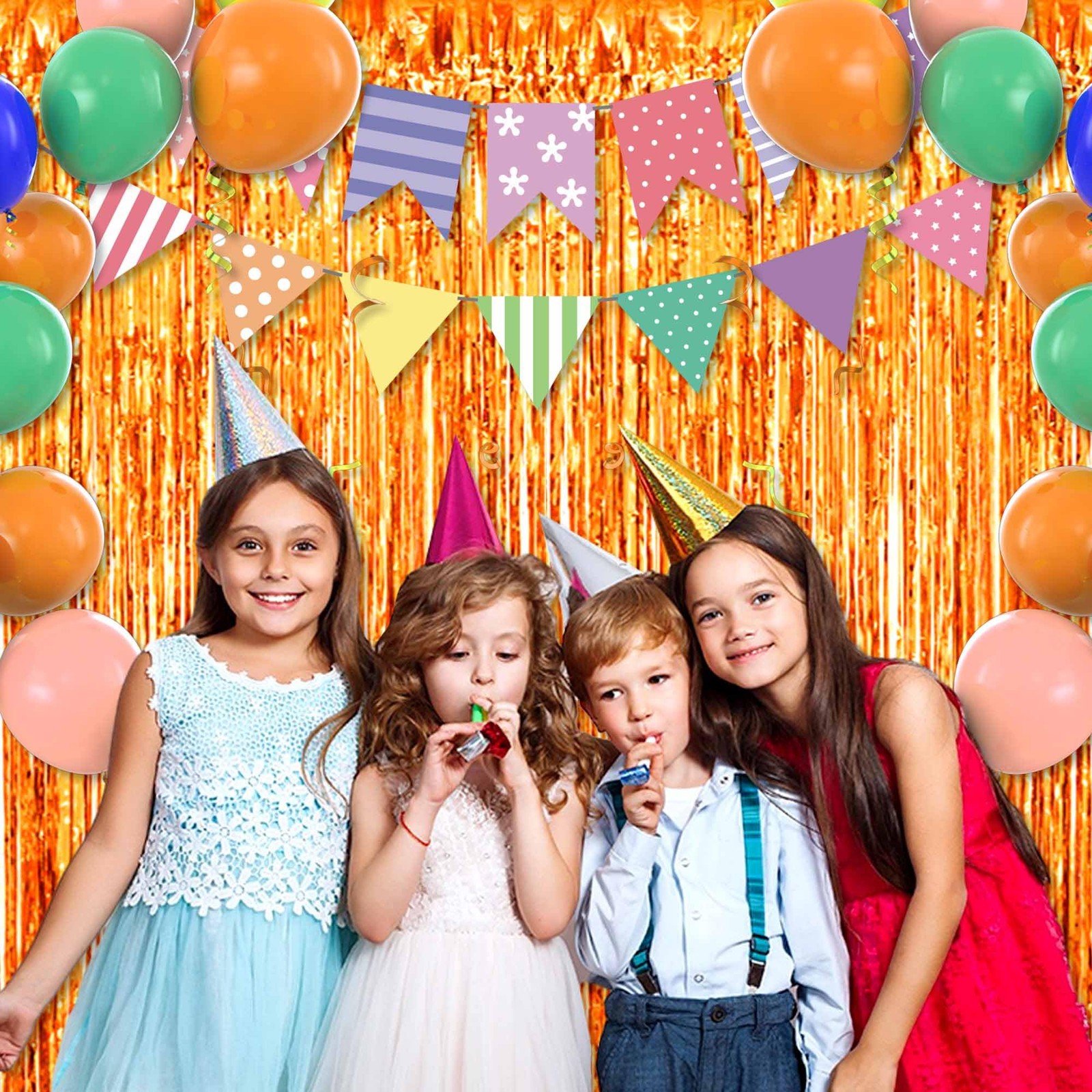3 PCS Orange Foil Fringe Curtains Backdrop Metallic 3.28×8.2 Ft Party Decor