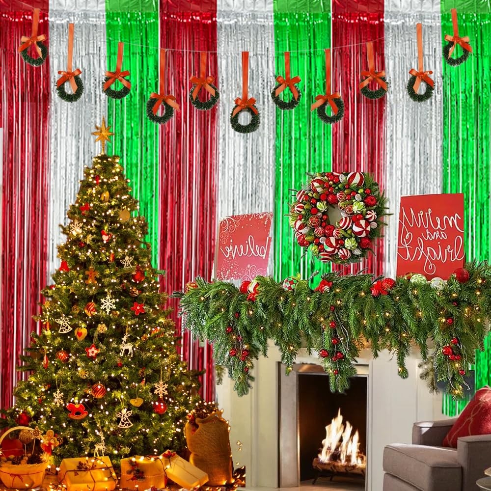 3 PCS 3.3×6.56ft Christmas Party Backdrop Red Green Silver Foil Fringe Curtain