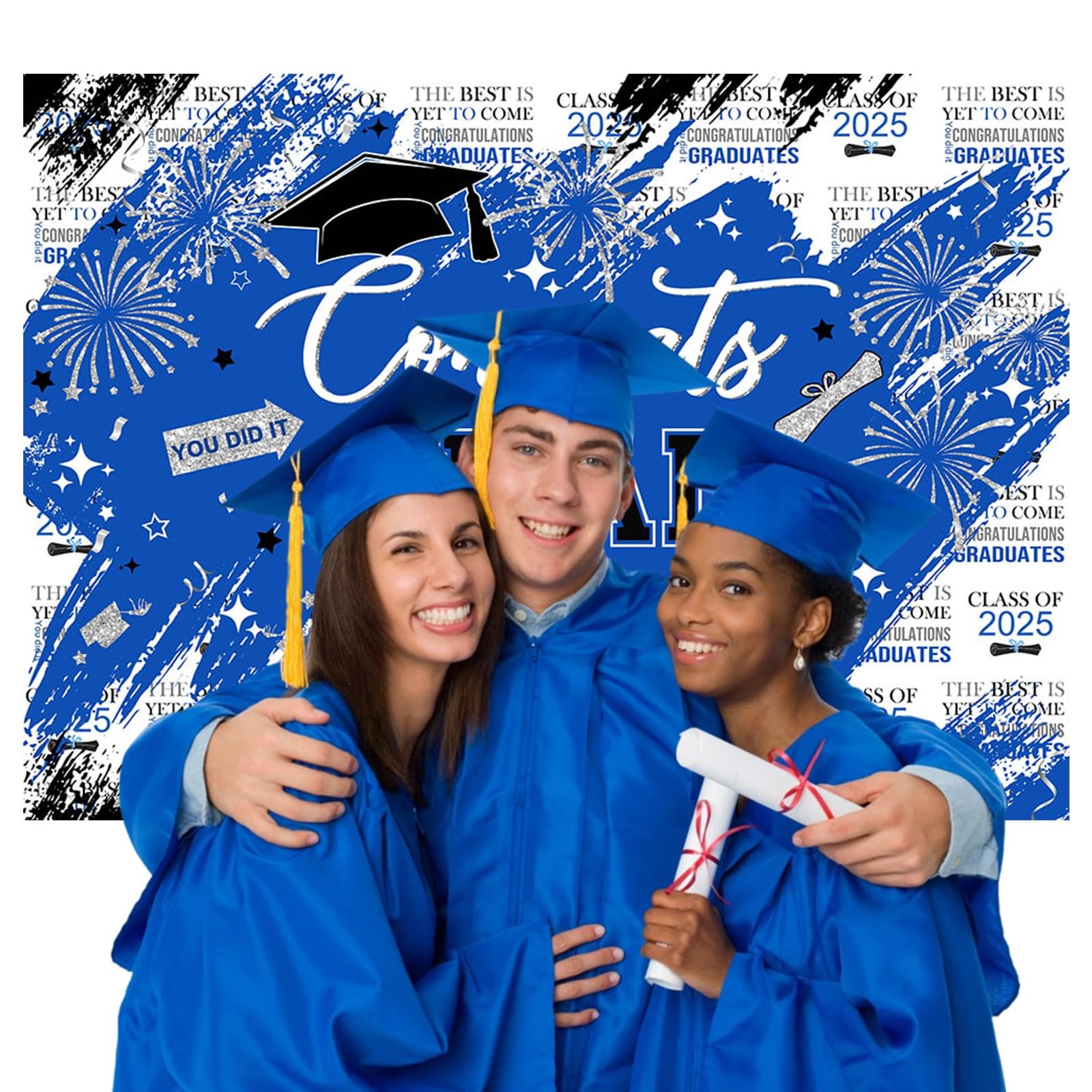 8x6ft Graduation Backdrop, Class of 2025, Blue, Silver, Congrats Grad, Party
