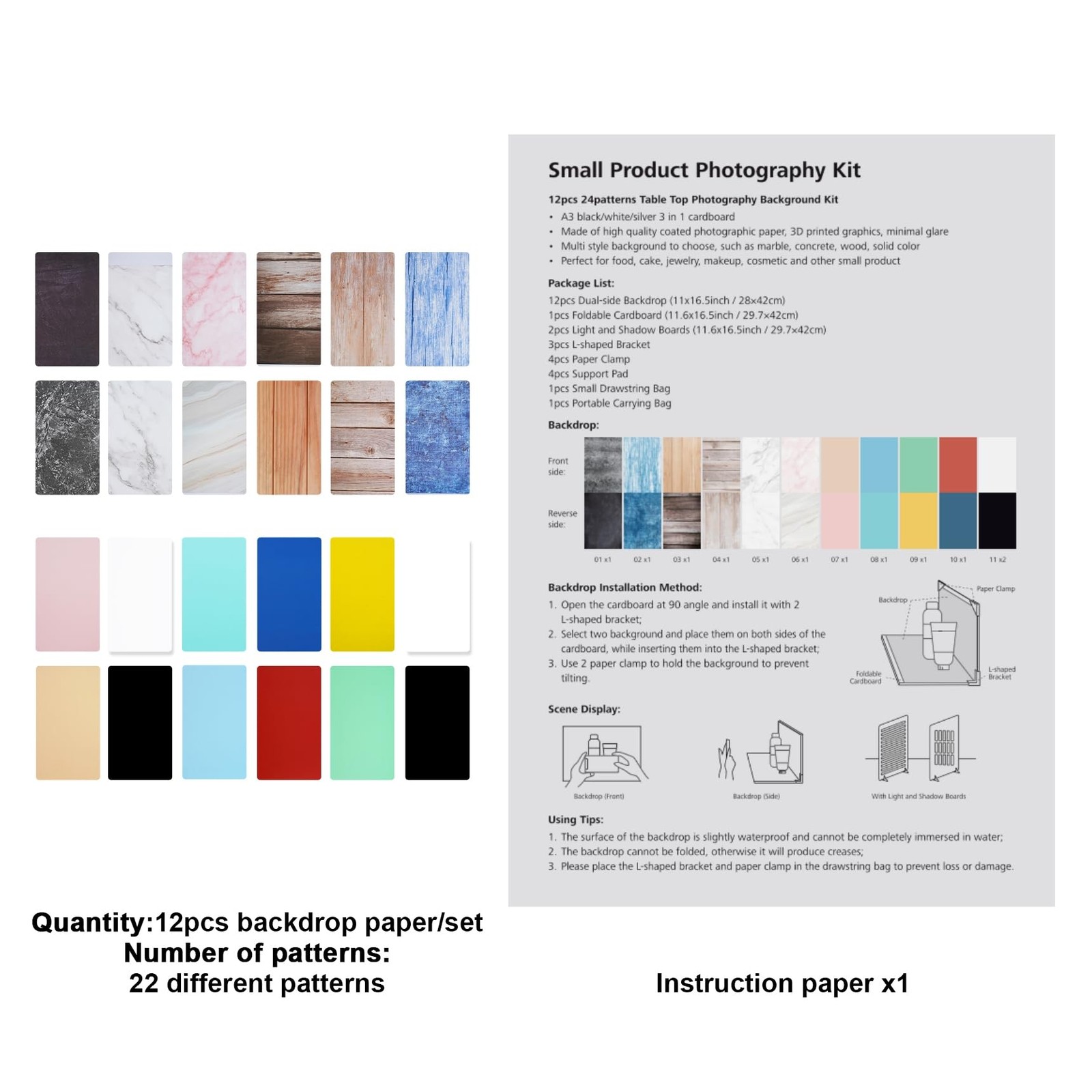 12 PCS Product Photography Backdrops Kit Food Background Board 16.5×11 Inch