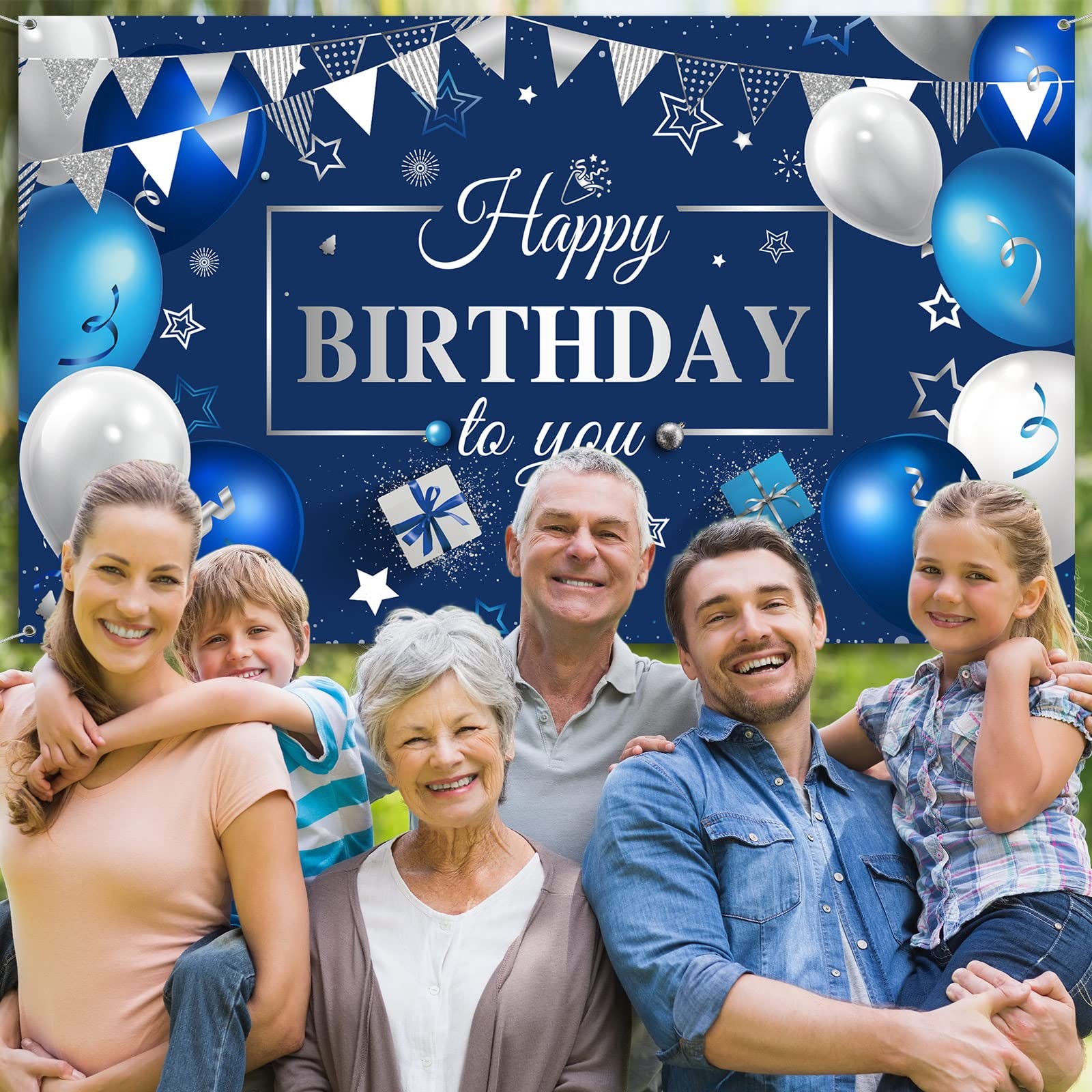 Sumind Happy Birthday Backdrop Banner for Men, Blue 7′ x 4′, Blue,Silver