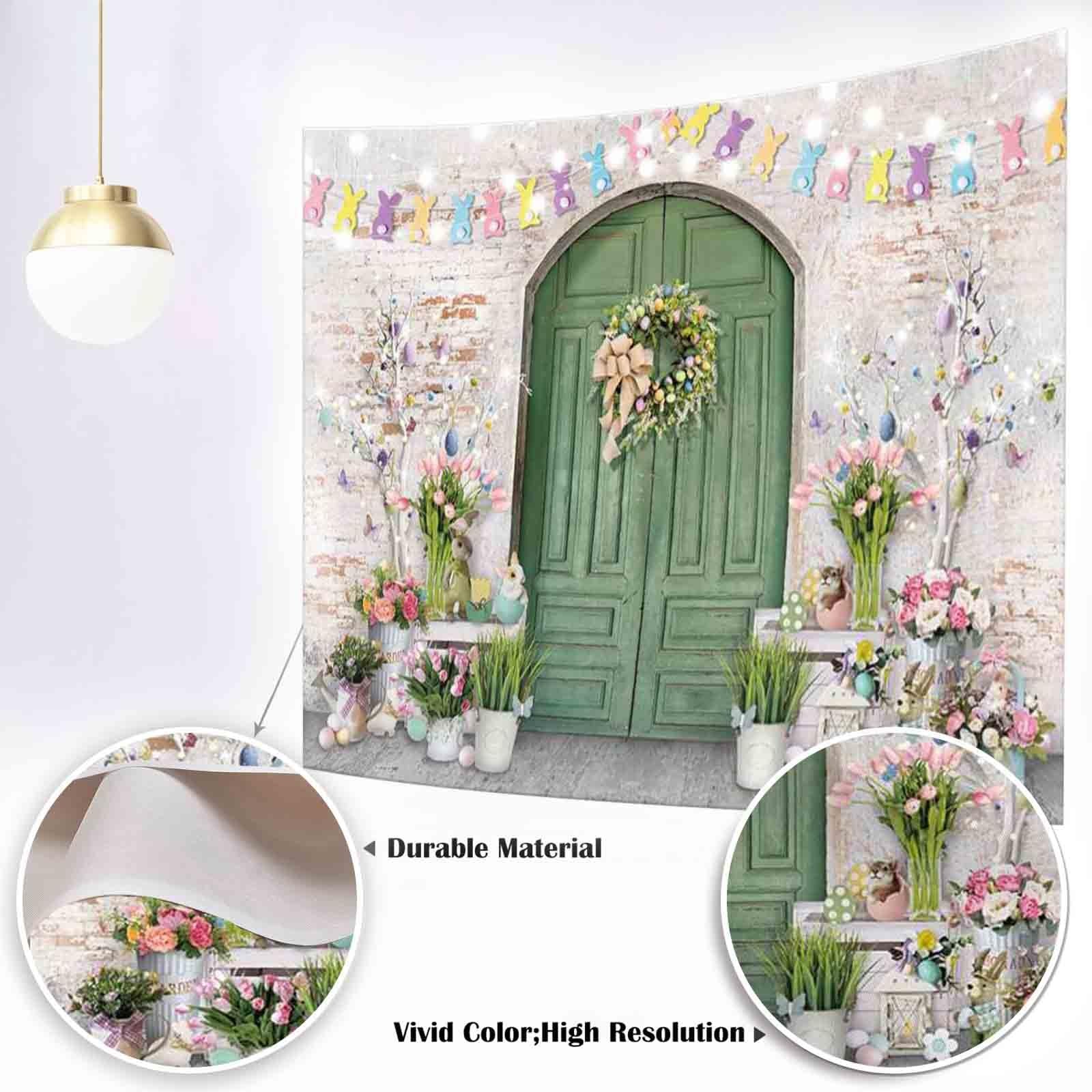 Mocsicka Easter Backdrop Green Wooden Doors Brick 7x5ft (82×60 inch),