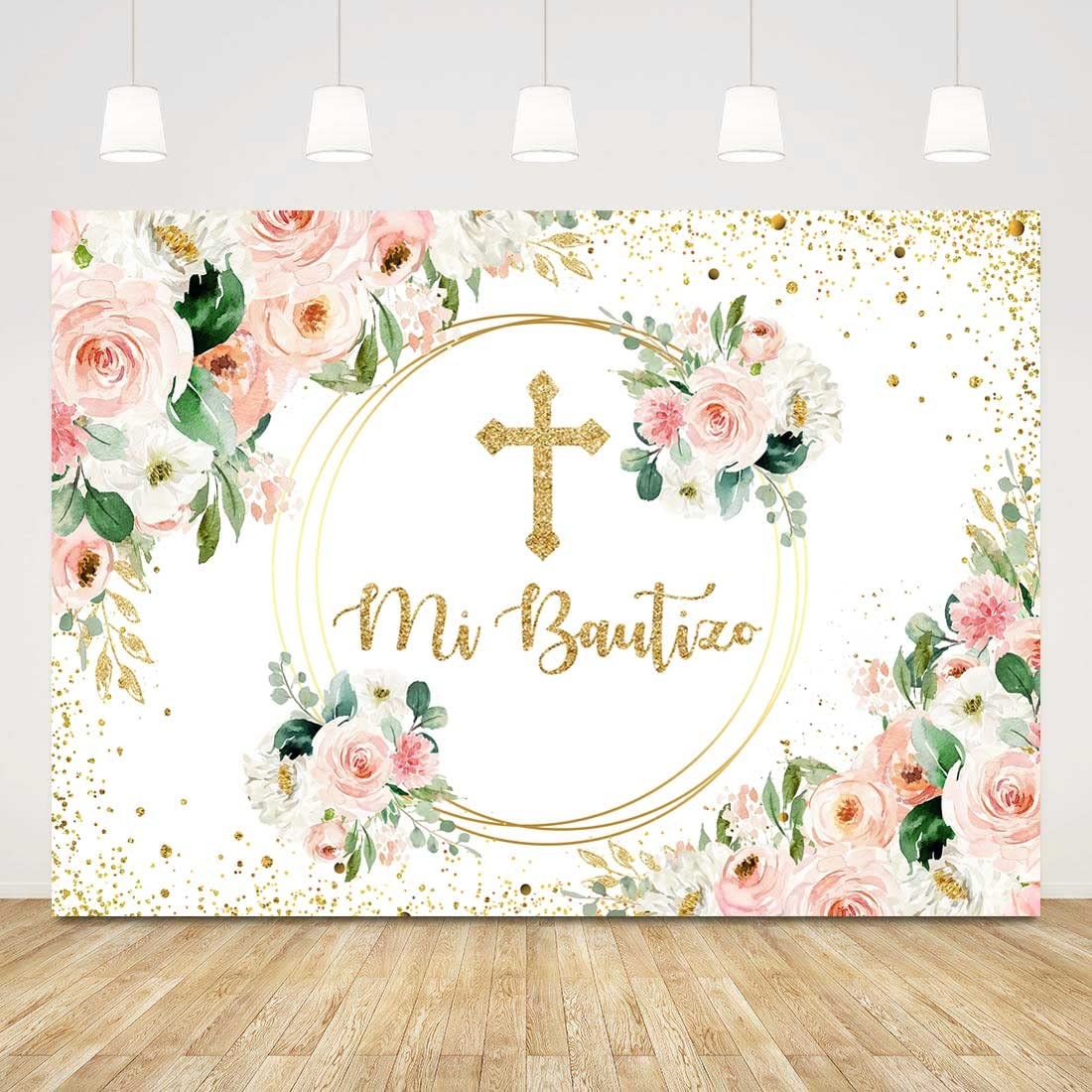 Spanish Mi Bautizo Girl Pink Floral Gold Glitter Baptism Backdrop 7x5ft Mat