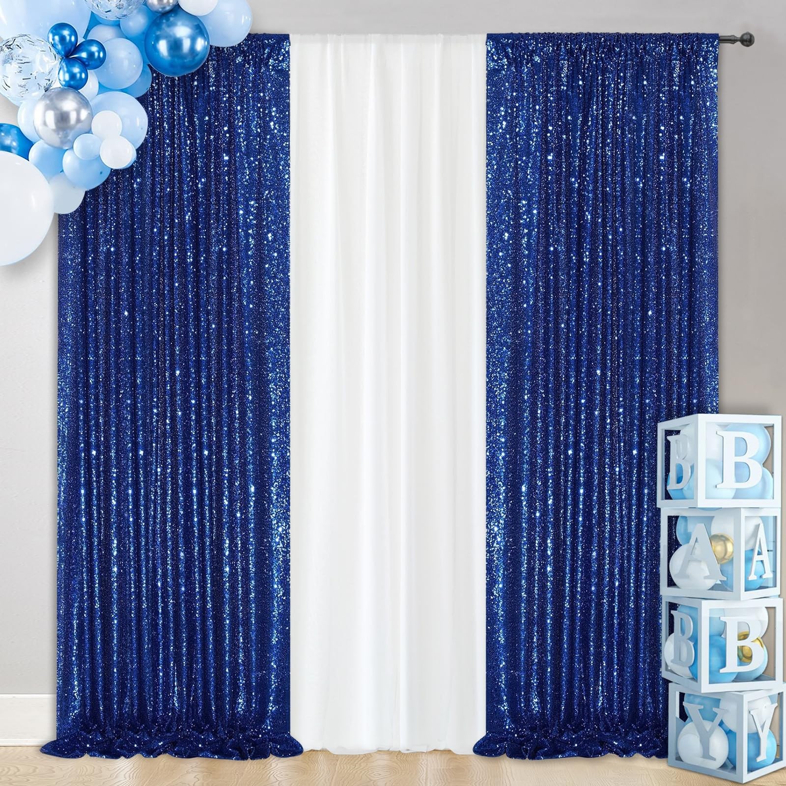 2 PCS 2×8 Ft Navy Blue Sequin Backdrop Curtain Background Wedding Party