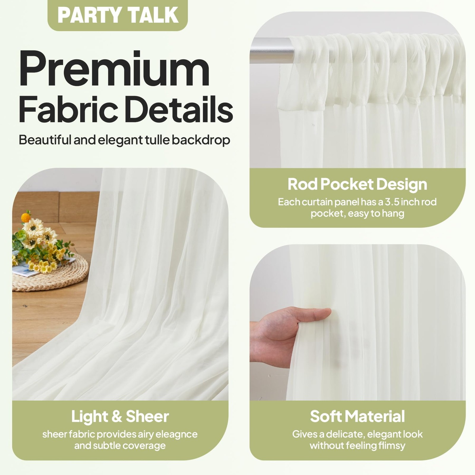 10×10 FT Ivory Sheer Tulle Backdrop Curtains Wedding Photo Drapes 2 PCS