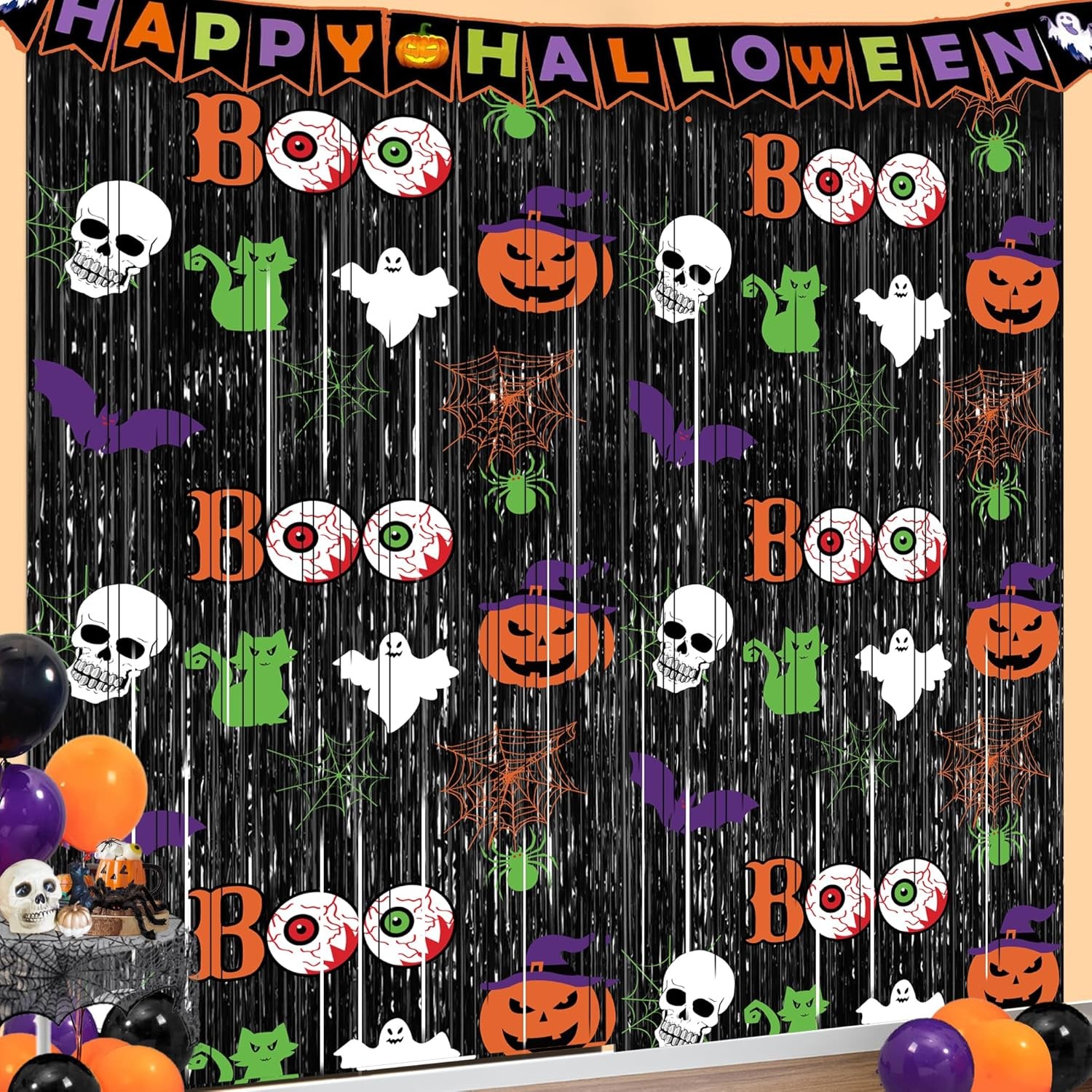 Halloween Party Decorations, 2 Pack Scary Black Foil Fringe…