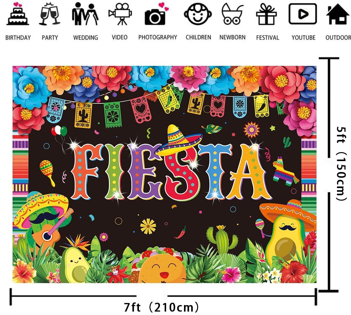 7x5FT Mexican Fiesta Backdrop Paper Flowers Background for Birthday Photo Prop