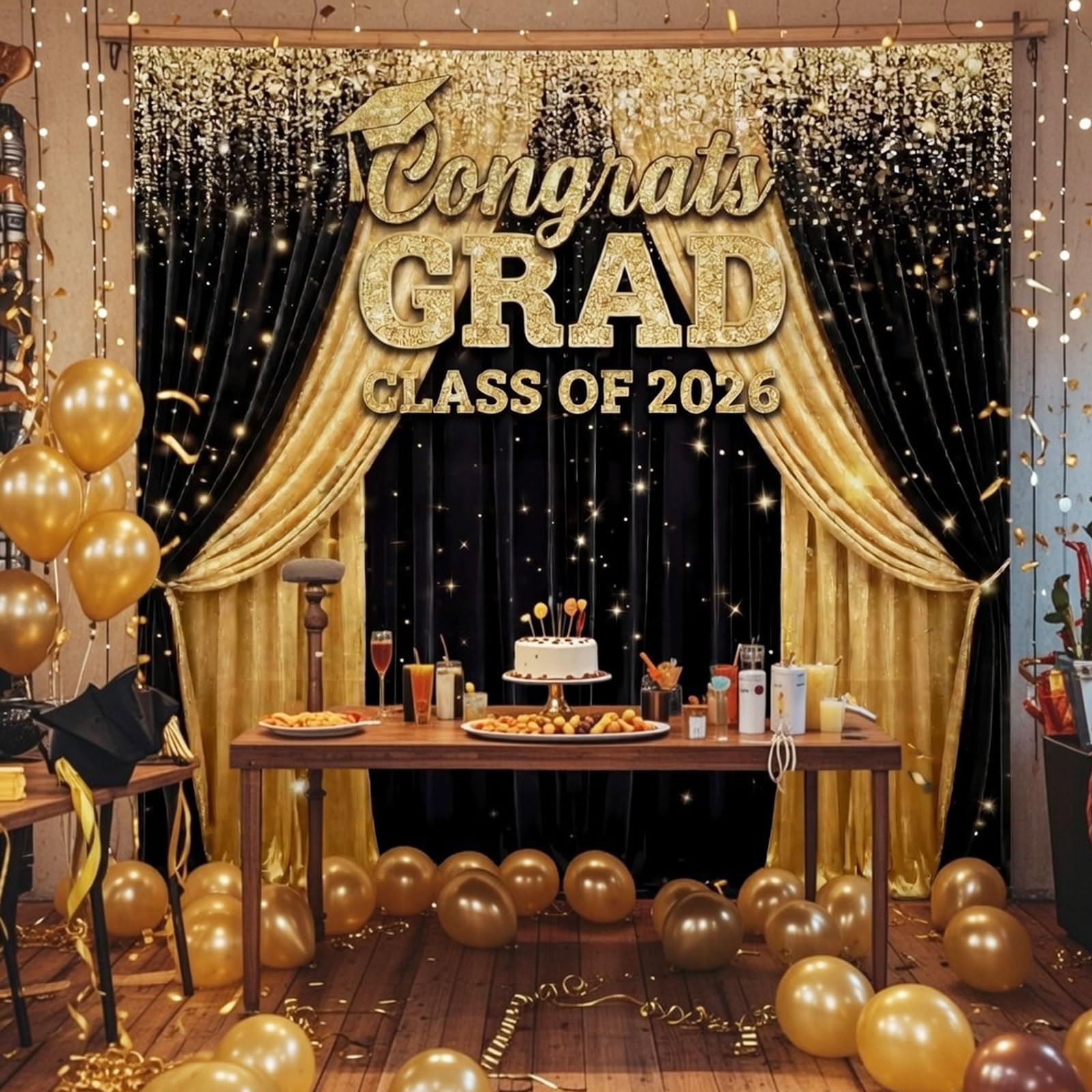 Large Class of 2026 Graduation Backdrop 5.9 x 6.6 ft Black Gold Congrats Grad Gr