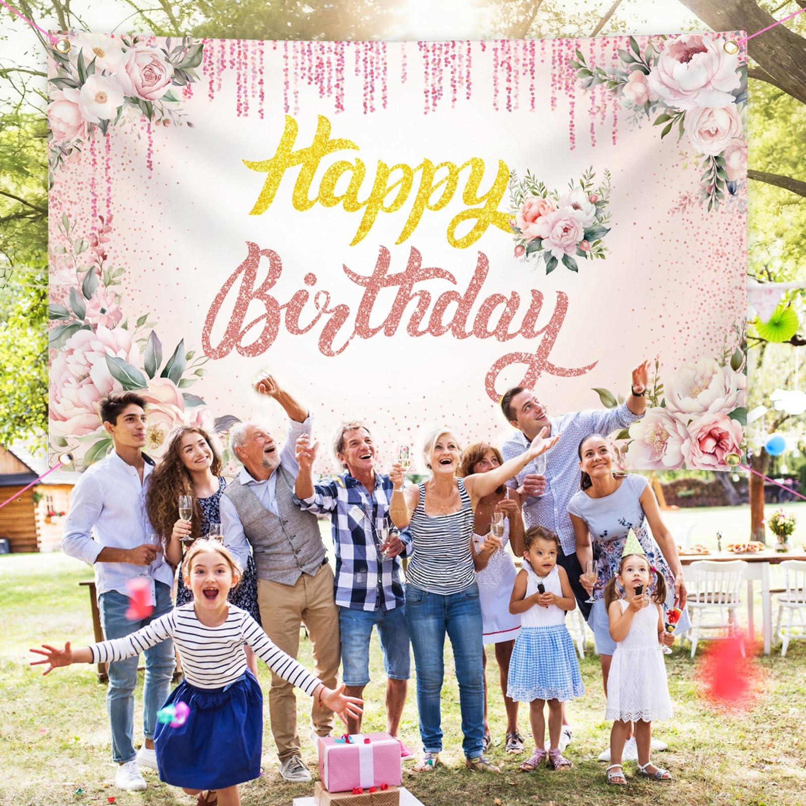 Happy Birthday Backdrop Banner, 3 x 5Ft Floral Background Party Supplies Pink…