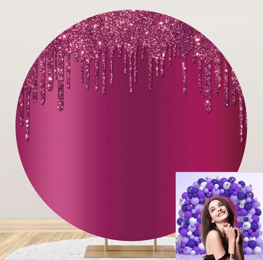 7x7ft Round Backdrop Cover Hot Pink Glitter Sequins Drippy Circle Photo Backgrou