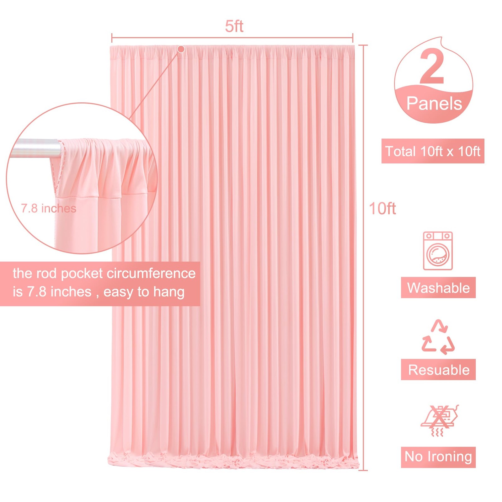2 PCS 5x10ft Blush Pink Wrinkle Free Fabric Backdrop Curtain Drapes Decor