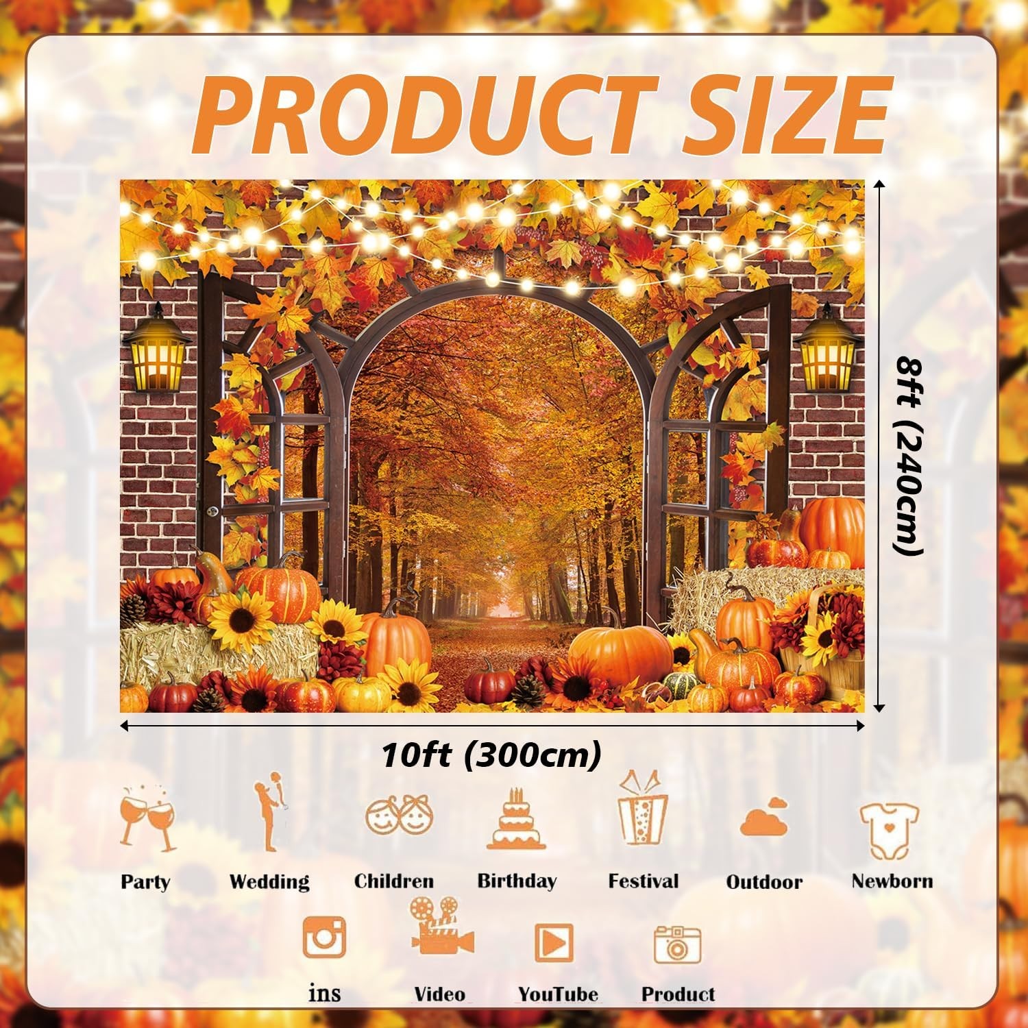 10x8FT Fall Window Backdrop Autumn Harvest Pumpkins Maple Leaves Vinyl Photo