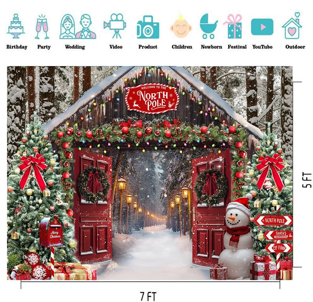 7x5ft Christmas Backdrop Winter Snowy Forest Rustic Barn Door North Pole Snow…