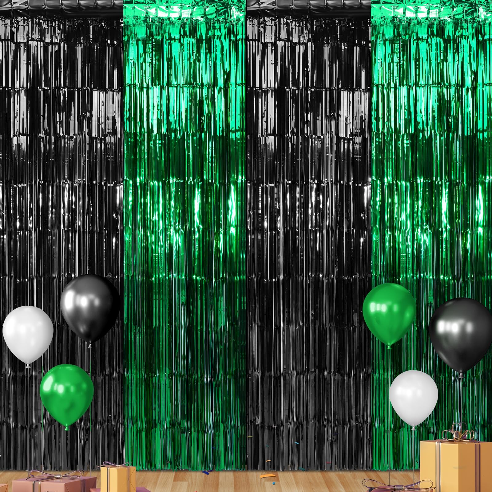 Graduation Foil Fringe Curtain Backdrop Green Black Metallic 6.6 Ft 3 Pack