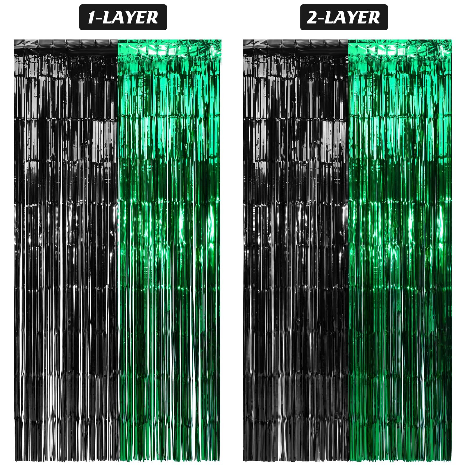 Graduation Foil Fringe Curtain Backdrop Green Black Metallic 6.6 Ft 3 Pack
