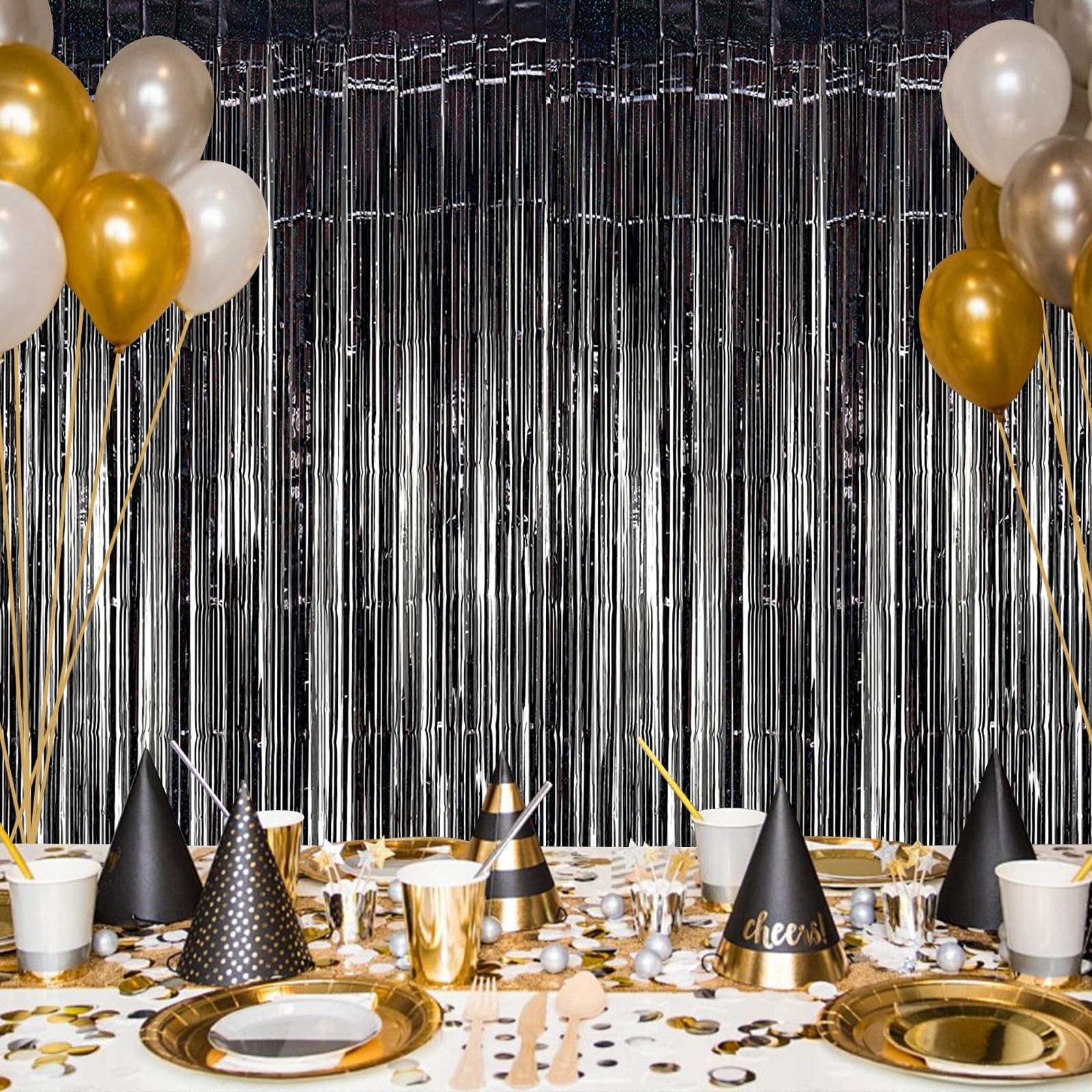 10 PCS Black 3.2×6.6ft Foil Curtain Backdrop Metallic Tinsel Fringe Streamer