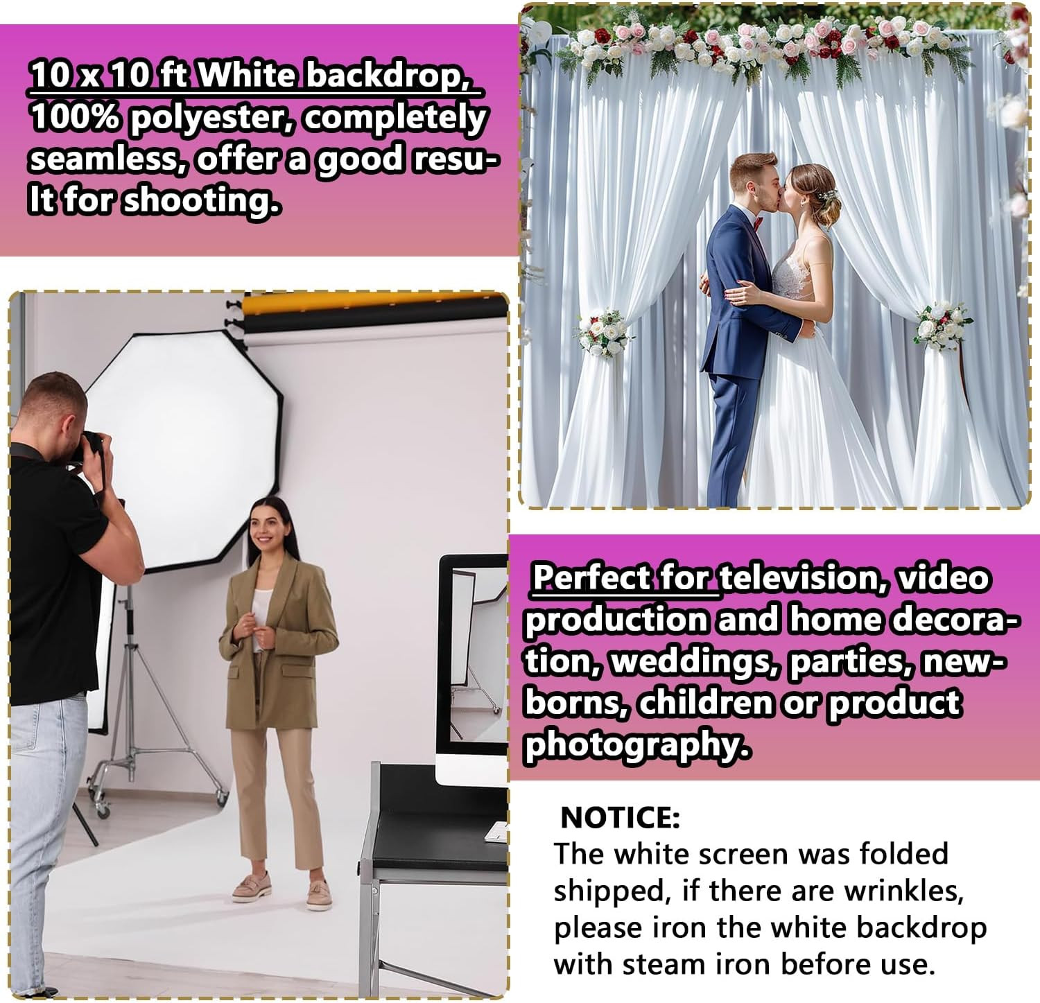 Photo Backdrop White 10 X 10Ft, White Backdrop for Photoshoot, Solid White Photo