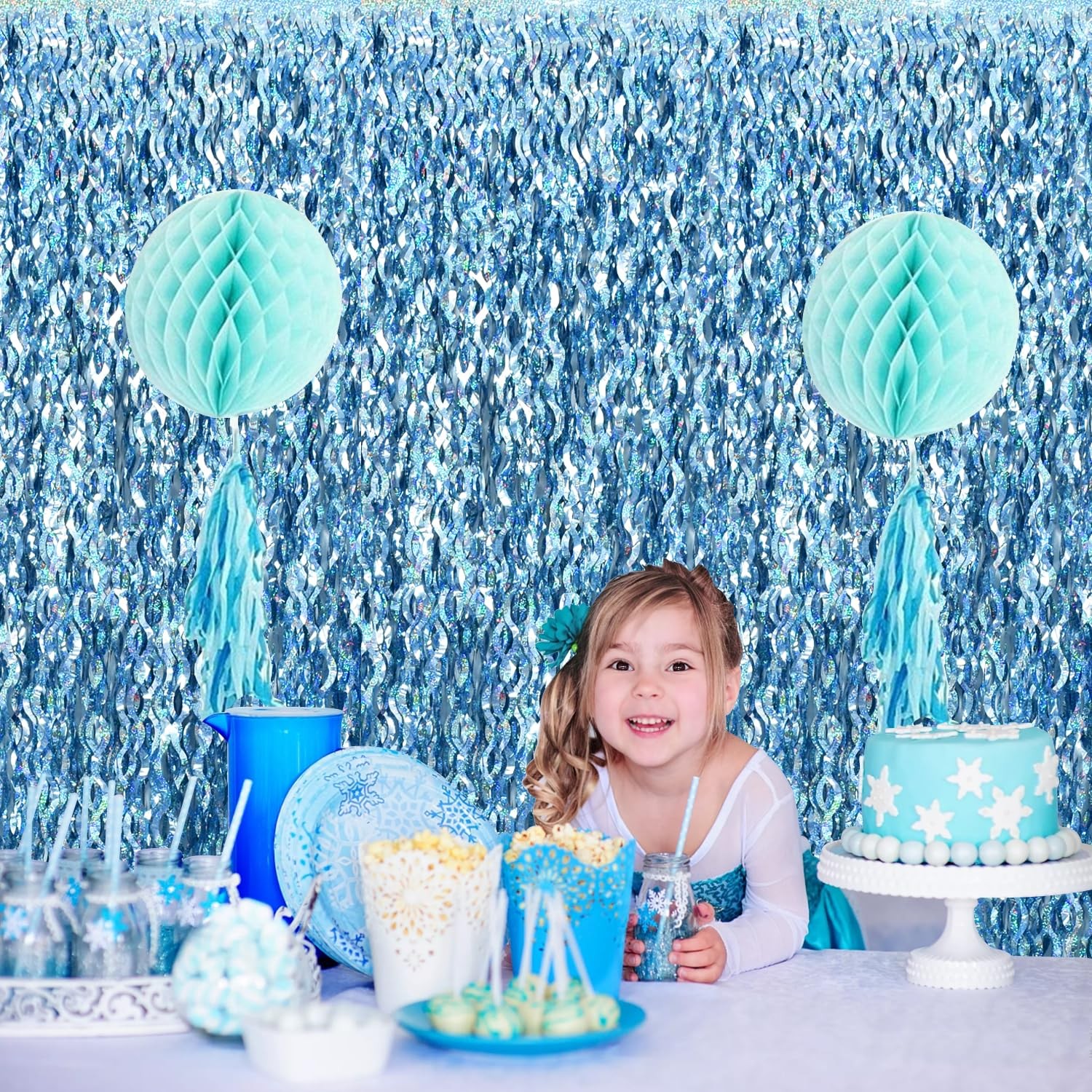 3 PCS Light Blue Wavy Metallic Tinsel Foil Fringe Curtains 9.9×6.6 FT