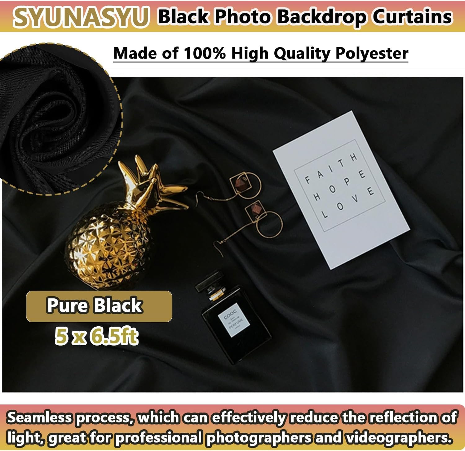 5X6.5Ft Black Background for Photography, Durable Fabric Black Photo Backdrop Cu