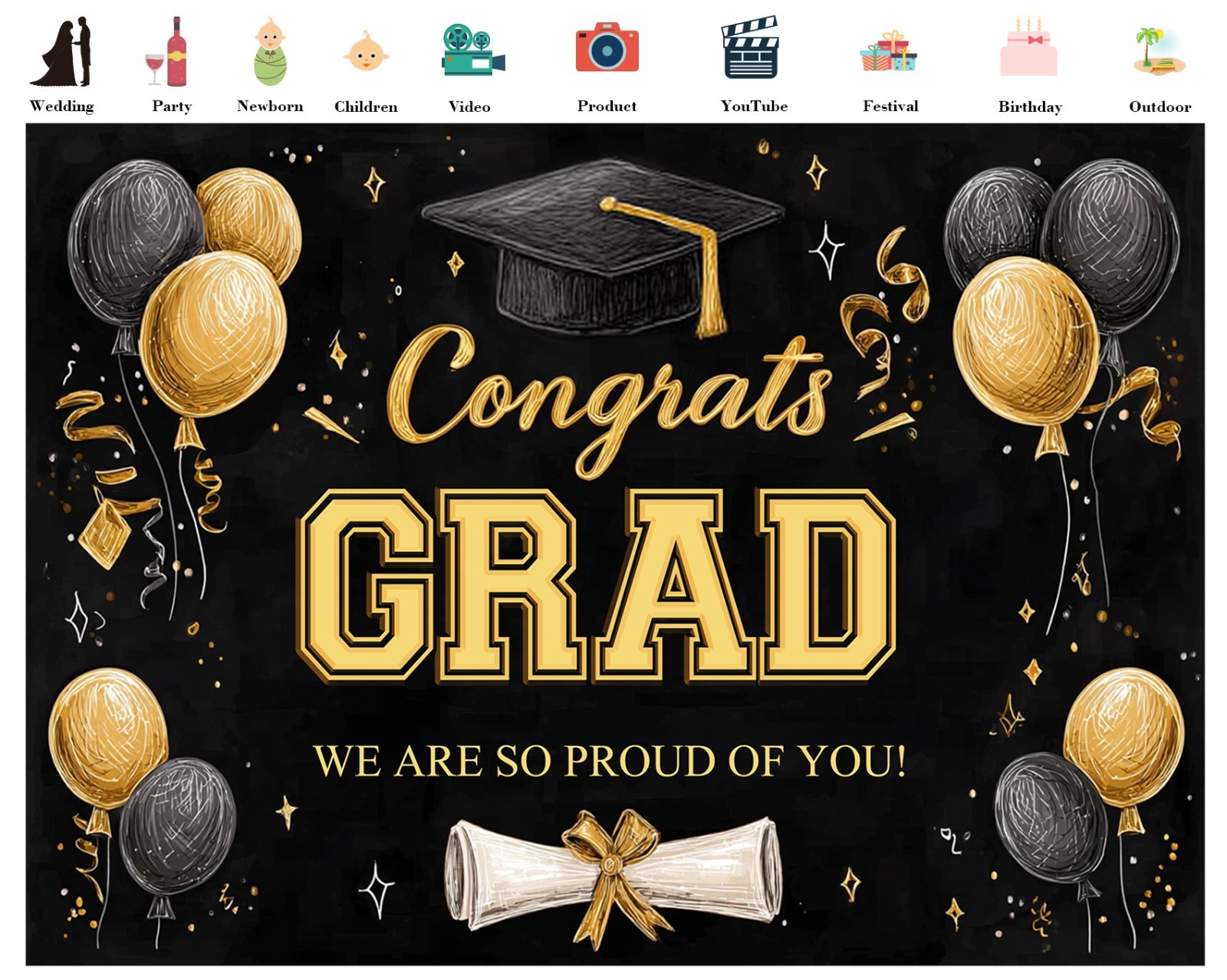 10x8ft Black and Gold Graduation Backdrop Banner Bachelor’s Cap Photo Background