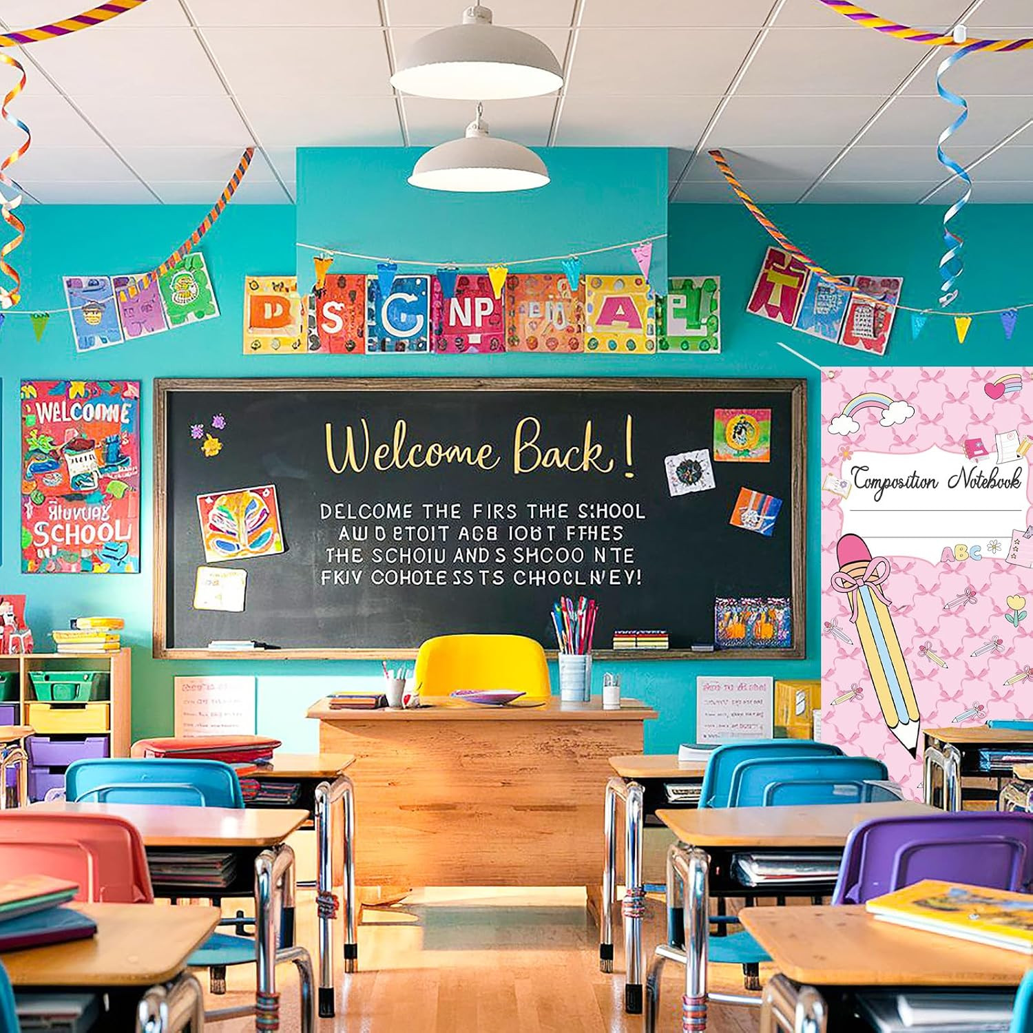 Back to School Door Cover, 5.5 X 2.7 Ft Classroom Banner | Composition Notebook