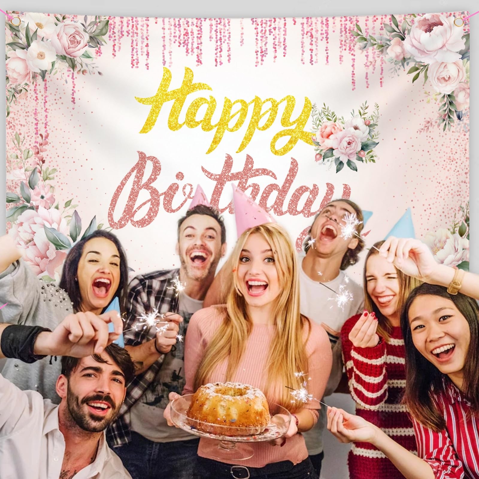 Happy Birthday Backdrop Banner, 3 x 5Ft Floral Background Party Supplies Pink…