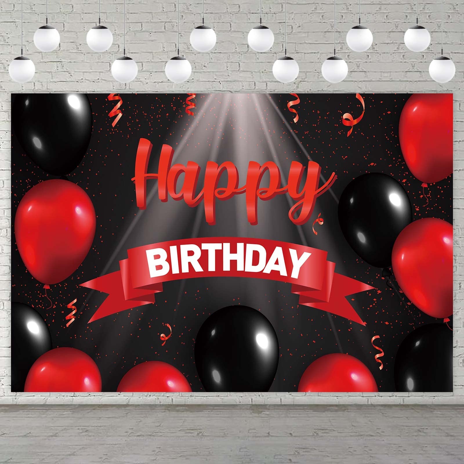 Happy Birthday Banner Backdrop Decorations Red and Black Balloons Spotlight T…